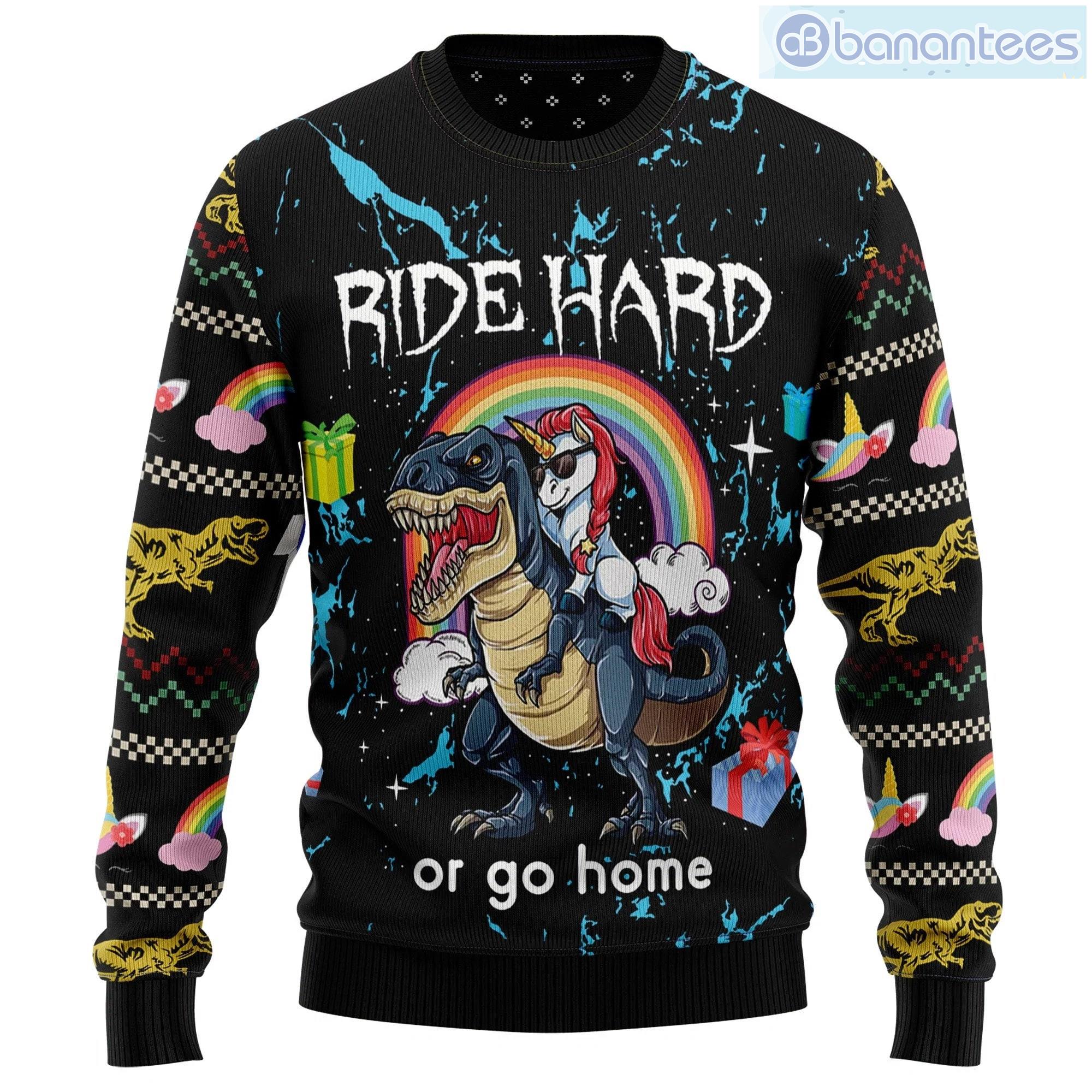 Dinosaur Unicorn Ride Hard Ugly Christmas Sweater Product Photo 1