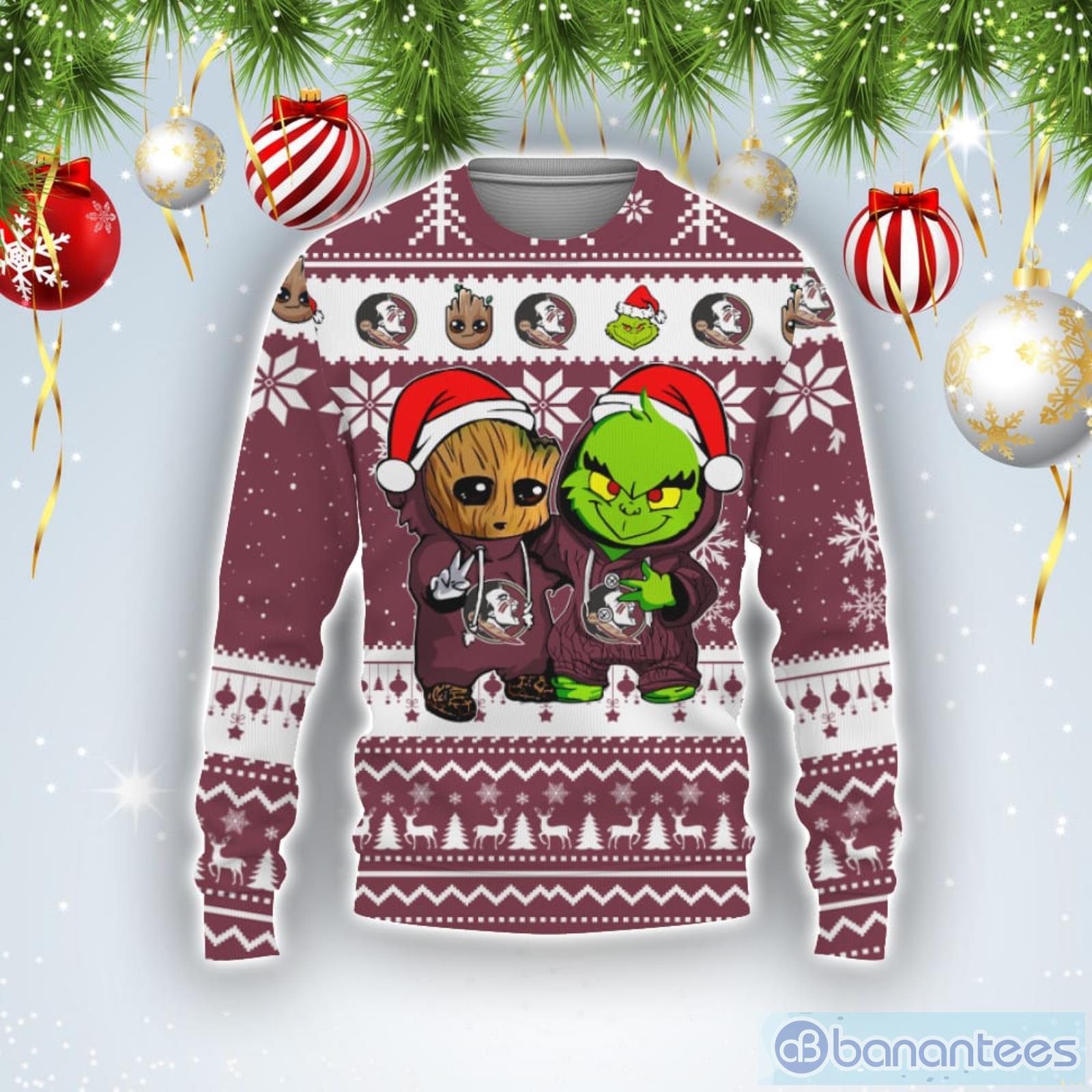 Florida State Seminoles Baby Groot And Grinch Best Friends Ugly Christmas Sweater Product Photo 1