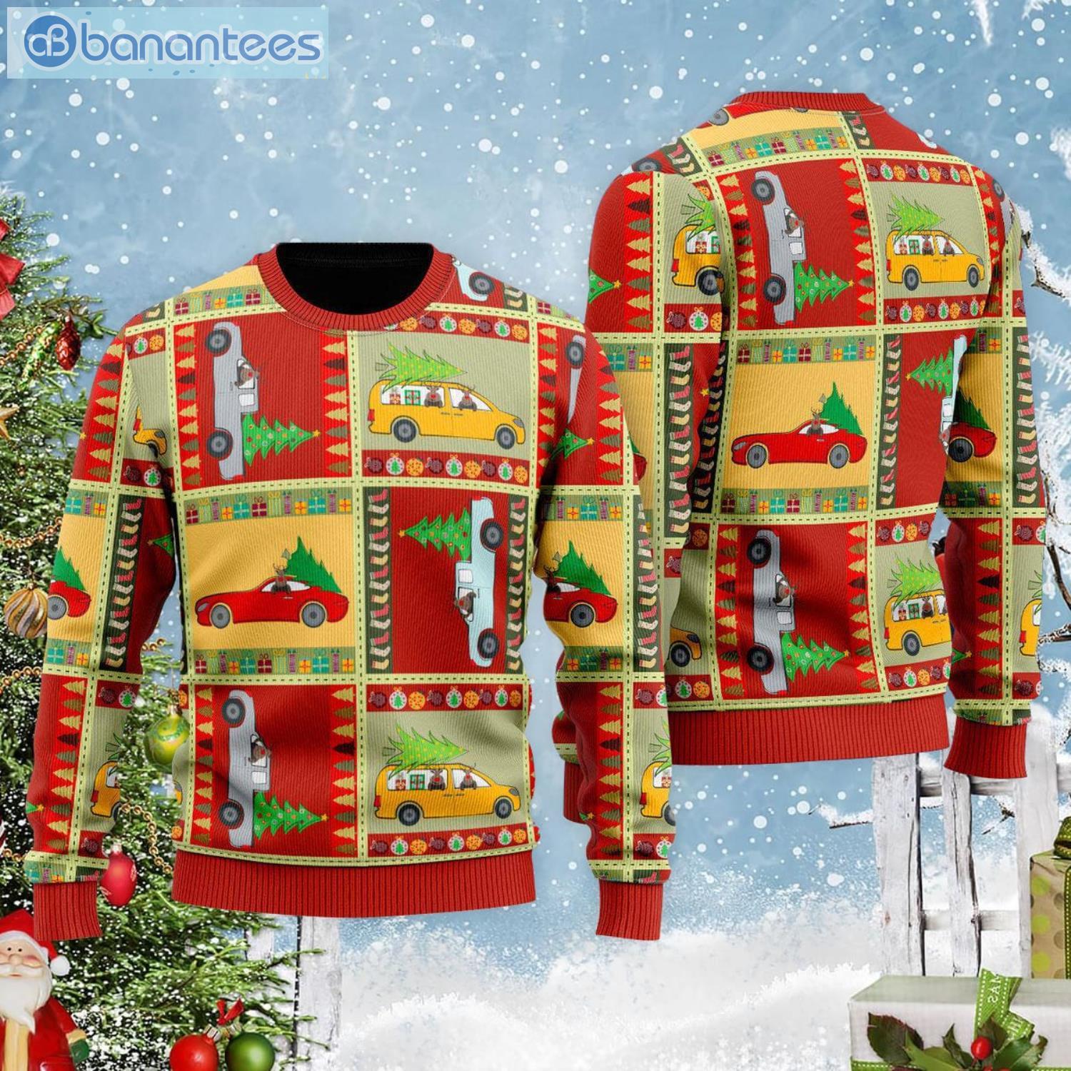 Funny Patchwork Reindeer On Car Ugly Christmas Sweater Product Photo 2