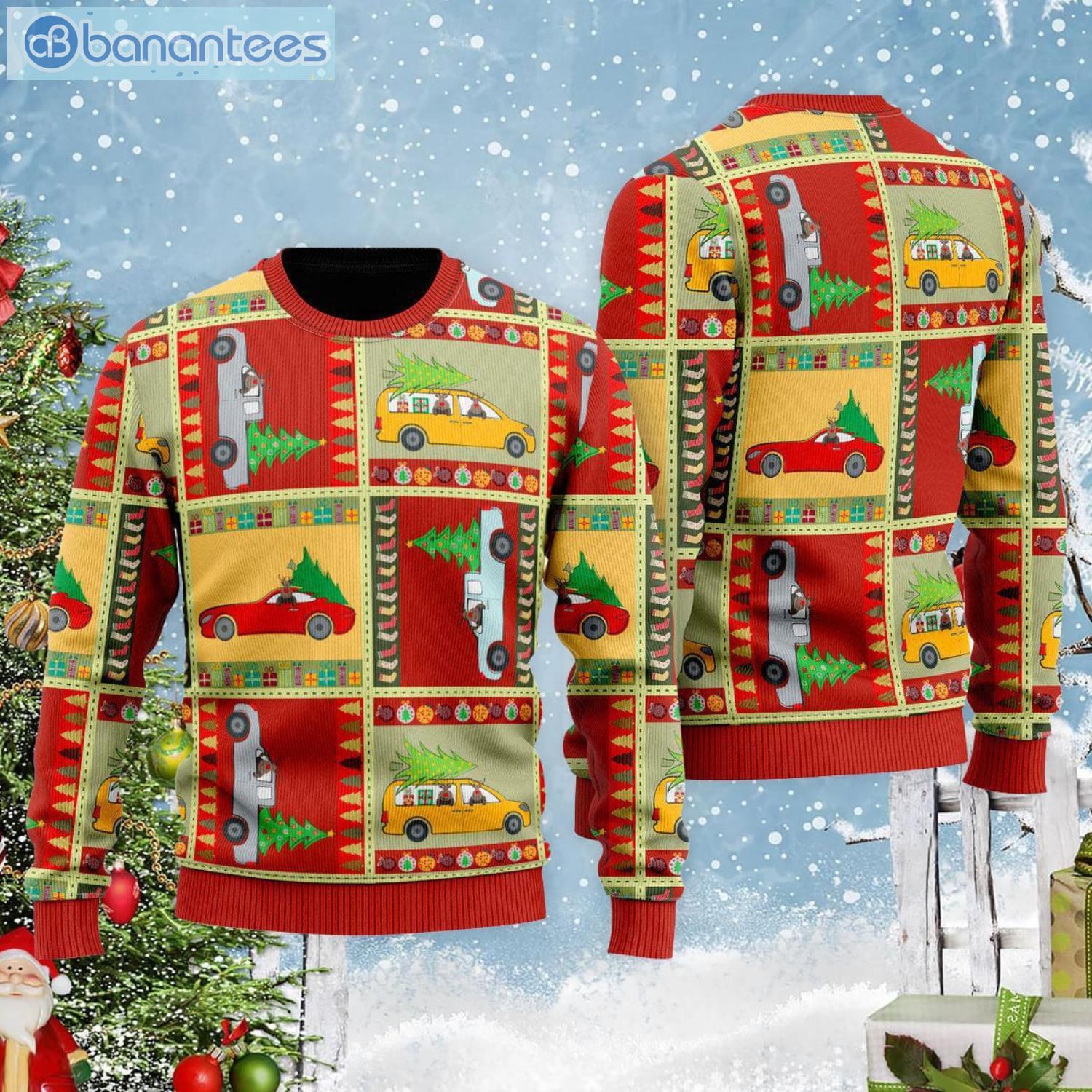 Funny Patchwork Reindeer On Car Ugly Christmas Sweater Product Photo 1