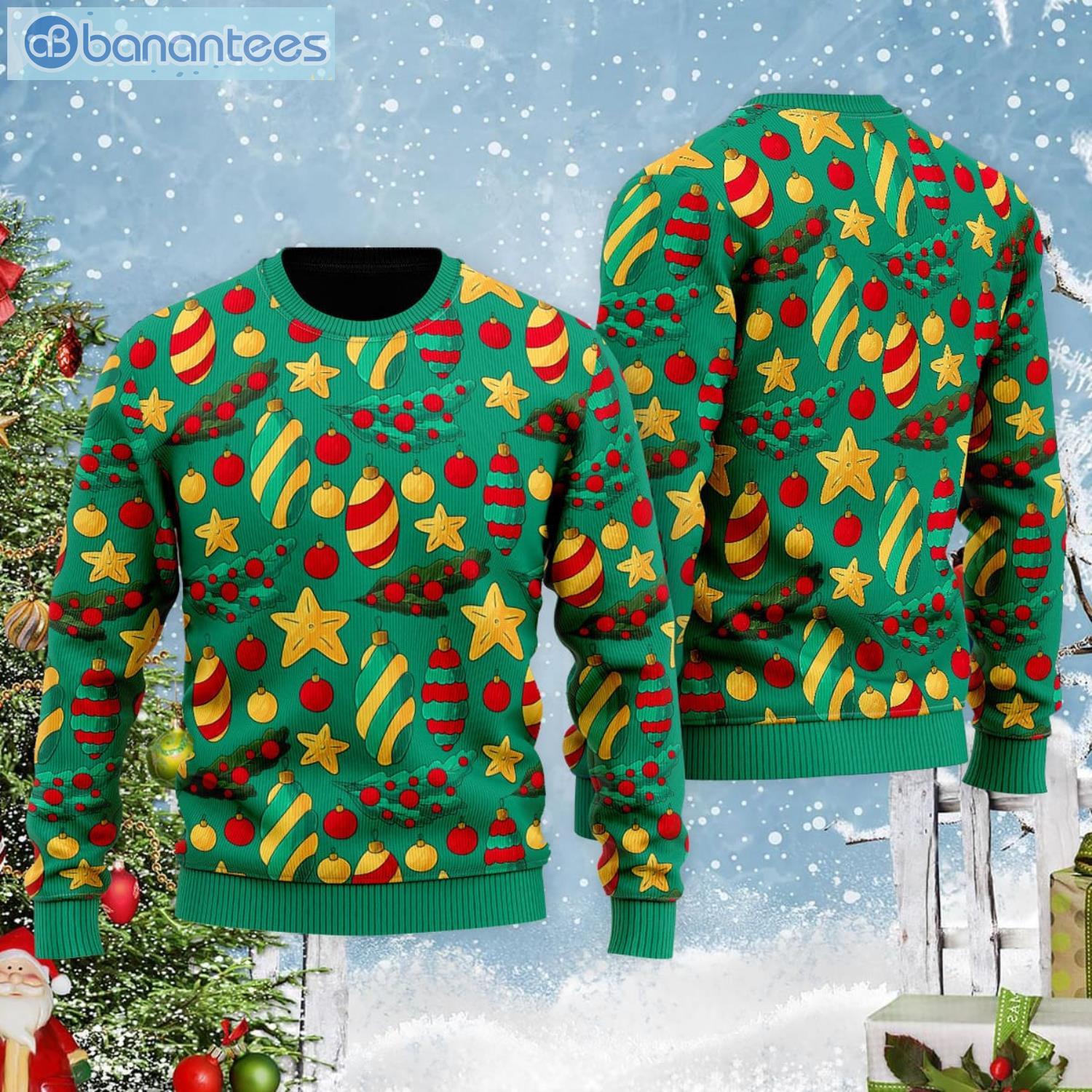 Green Tree With Star In Pattern All Over Print Ugly Christmas Sweater Product Photo 2