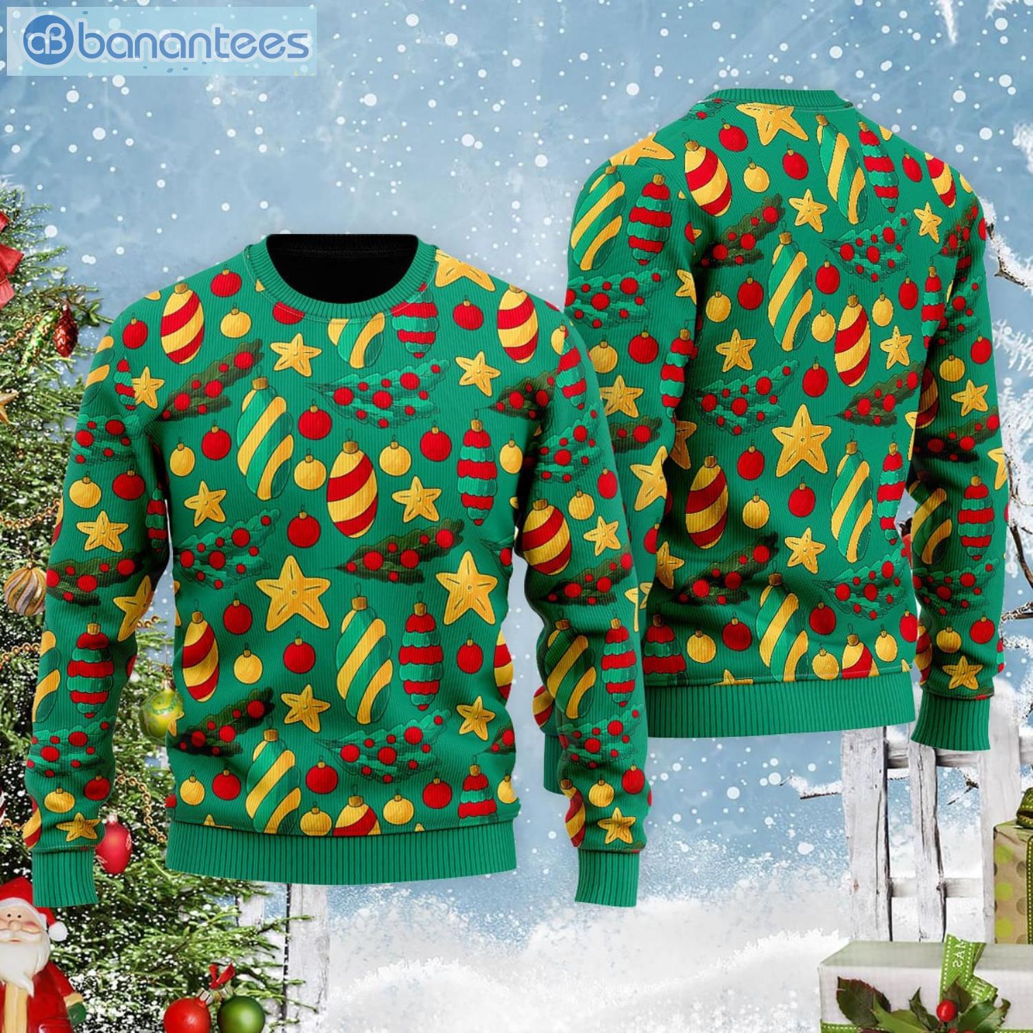 Green Tree With Star In Pattern All Over Print Ugly Christmas Sweater Product Photo 1