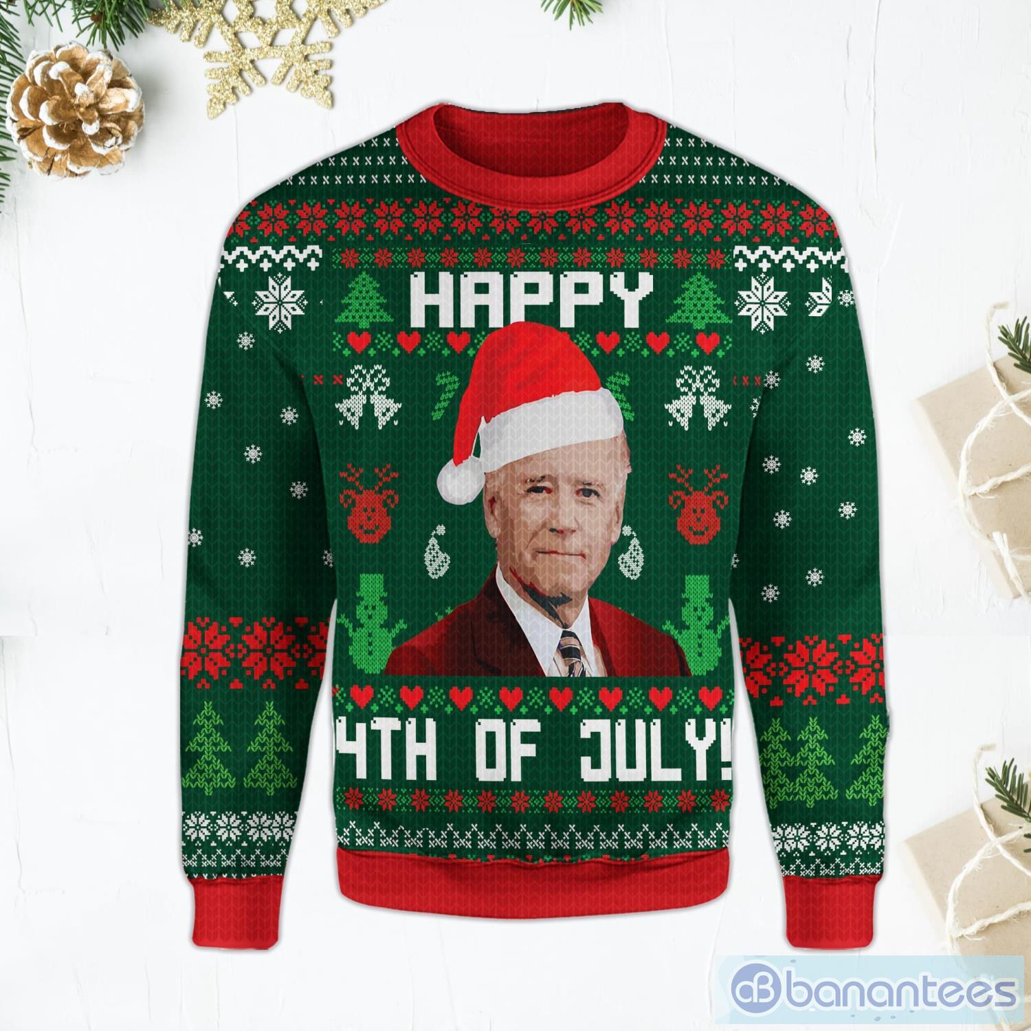 Happy 4th of July Christmas Ugly Sweater Joe Biden Green Ugly Christmas Sweater Product Photo 1