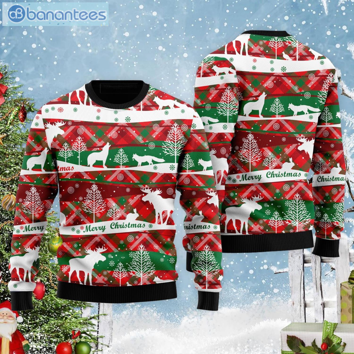 Howling Wolf In Snow Forest Pattern Ugly Christmas Sweater Product Photo 2