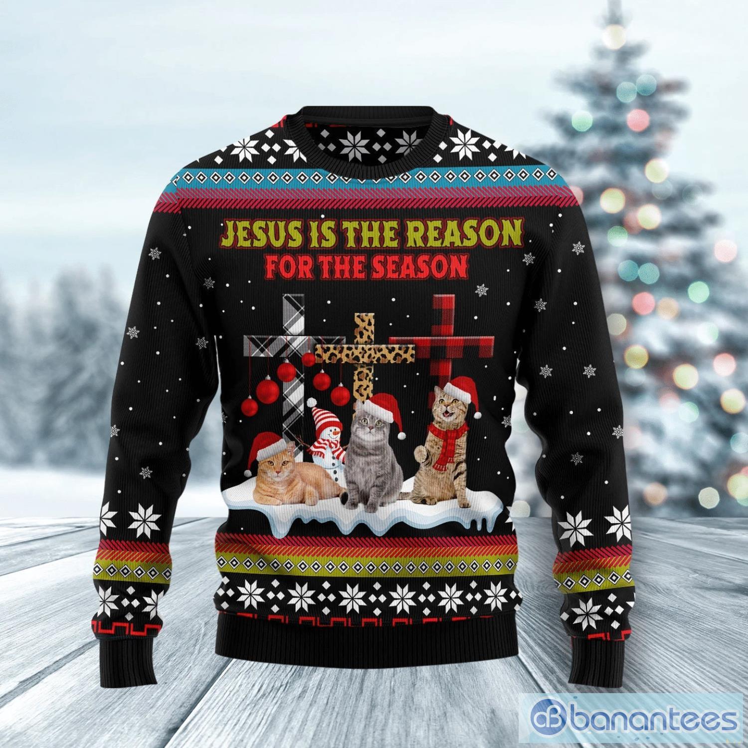 Jesus Is The Reason For The Season Cat Ugly Hristmas Sweater Cat Christmas Sweater Product Photo 2