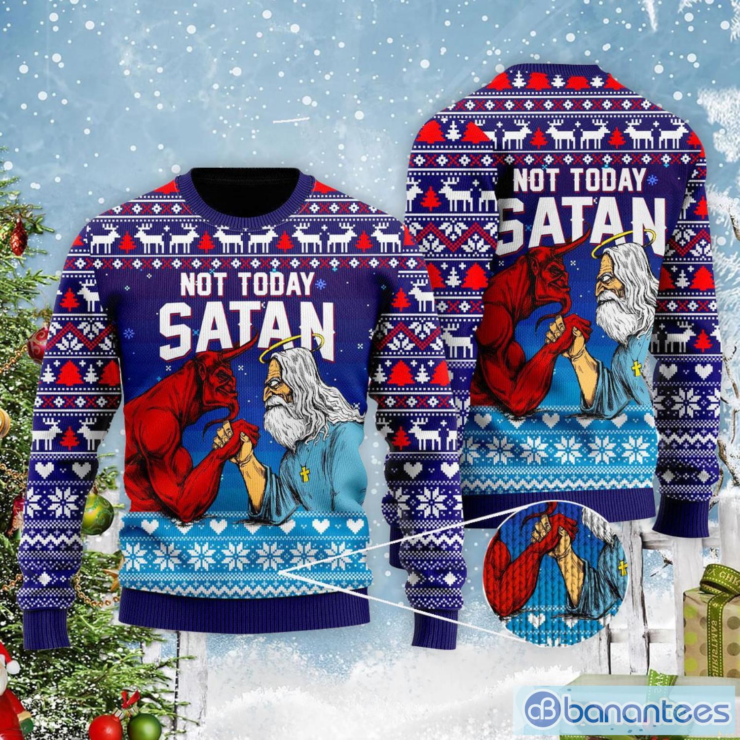 Jesus Not Today Satan Christmas Gift Ugly Christmas Sweater Product Photo 1