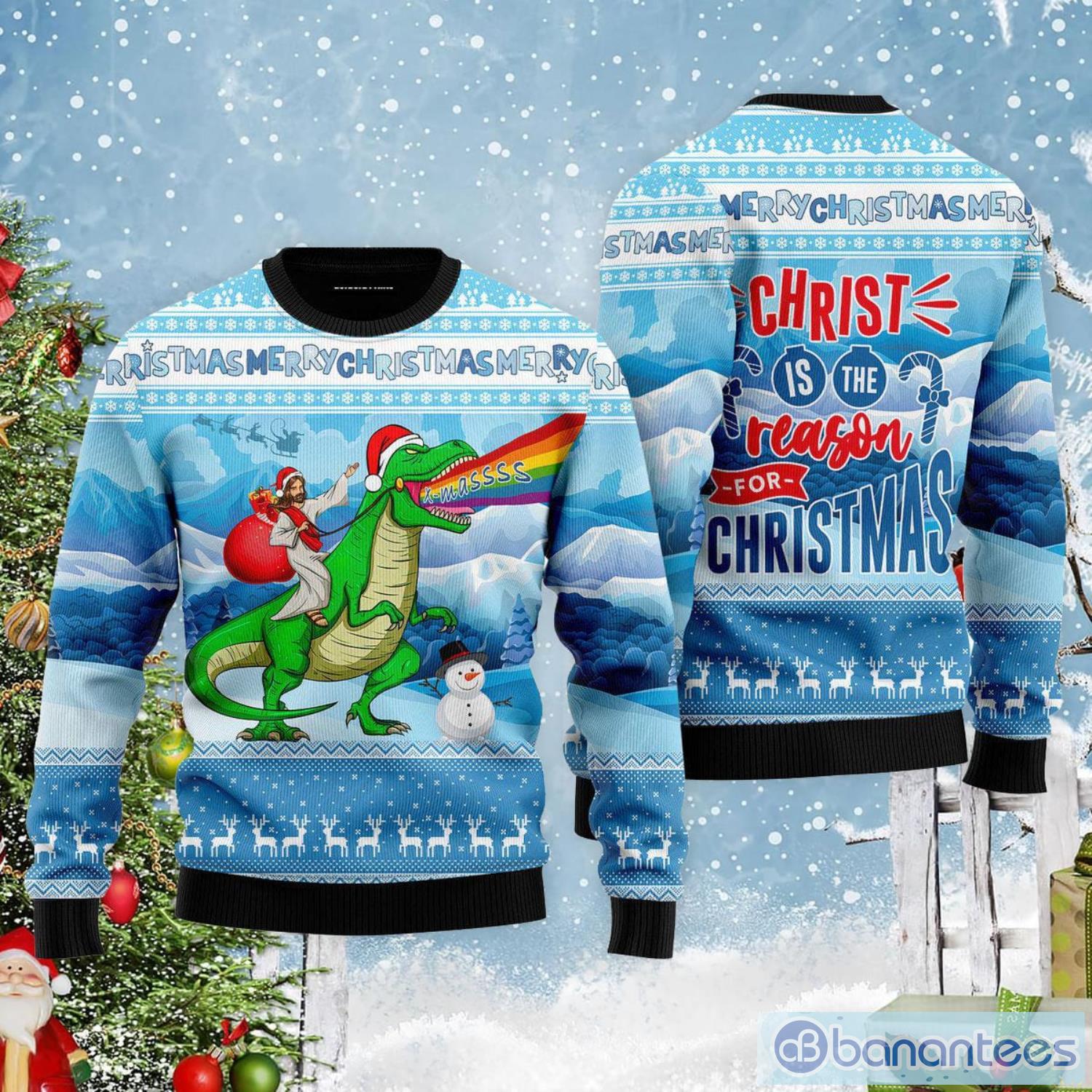 Jesus Riding A Dinosaur Christ Is The Reason For Christmas Ugly Christmas Sweater Product Photo 1