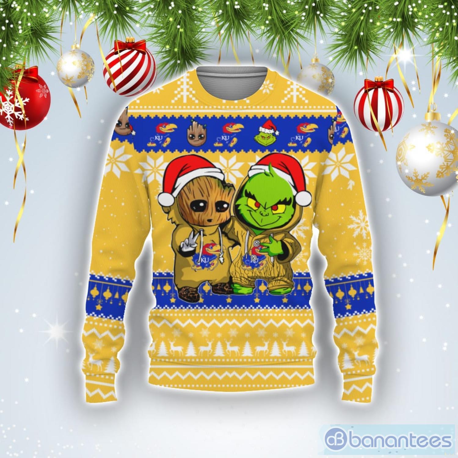 Kansas Jayhawks Baby Groot And Grinch Best Friends Football American Ugly Christmas Sweater Product Photo 1