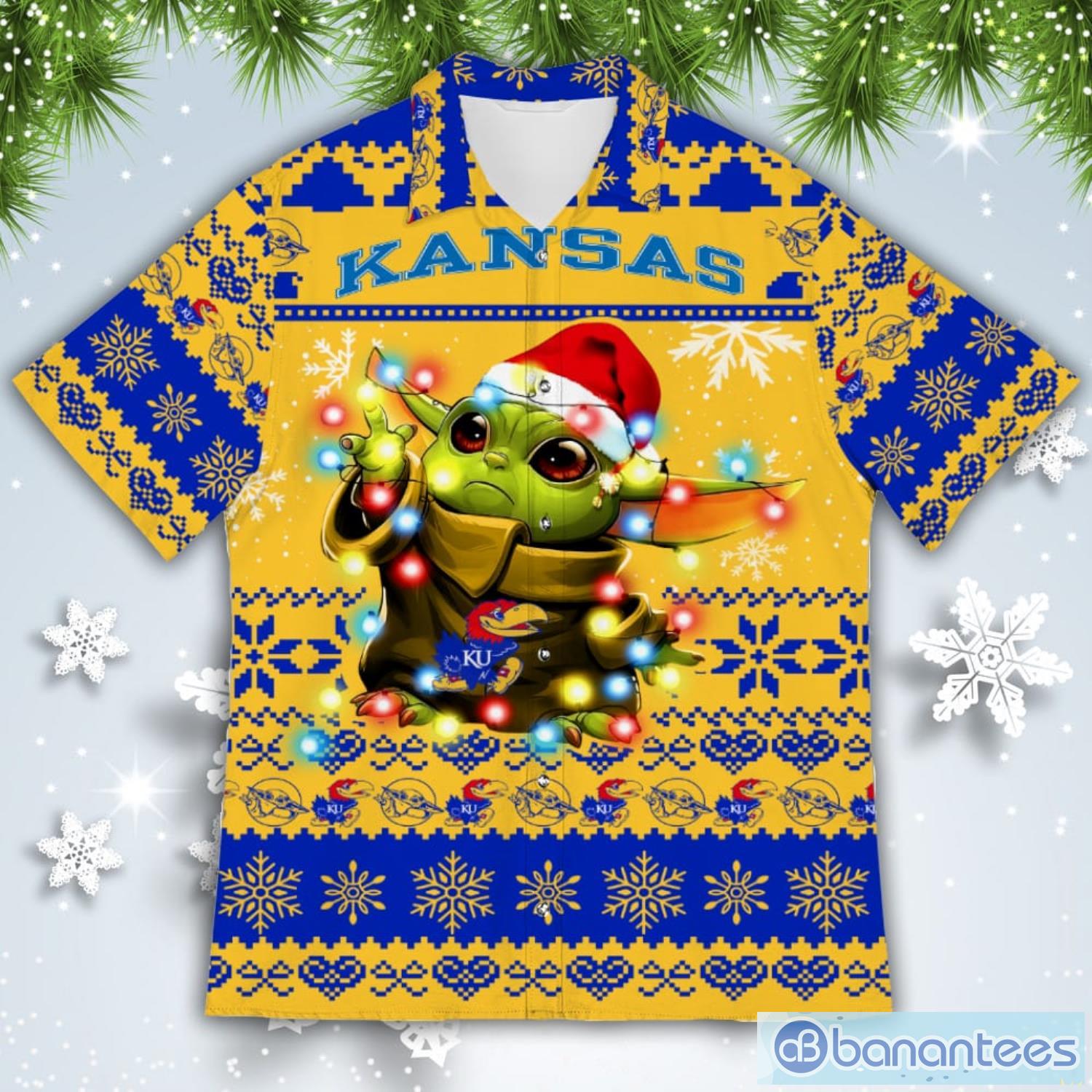 Kansas Jayhawks Baby Yoda Star Wars American Ugly Christmas Sweater Pattern Hawaiian Shirt Product Photo 2