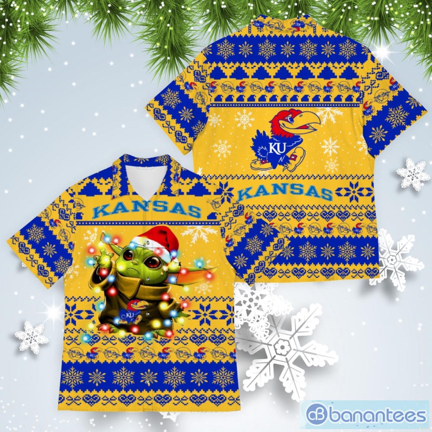 Kansas Jayhawks Baby Yoda Star Wars American Ugly Christmas Sweater Pattern Hawaiian Shirt Product Photo 1