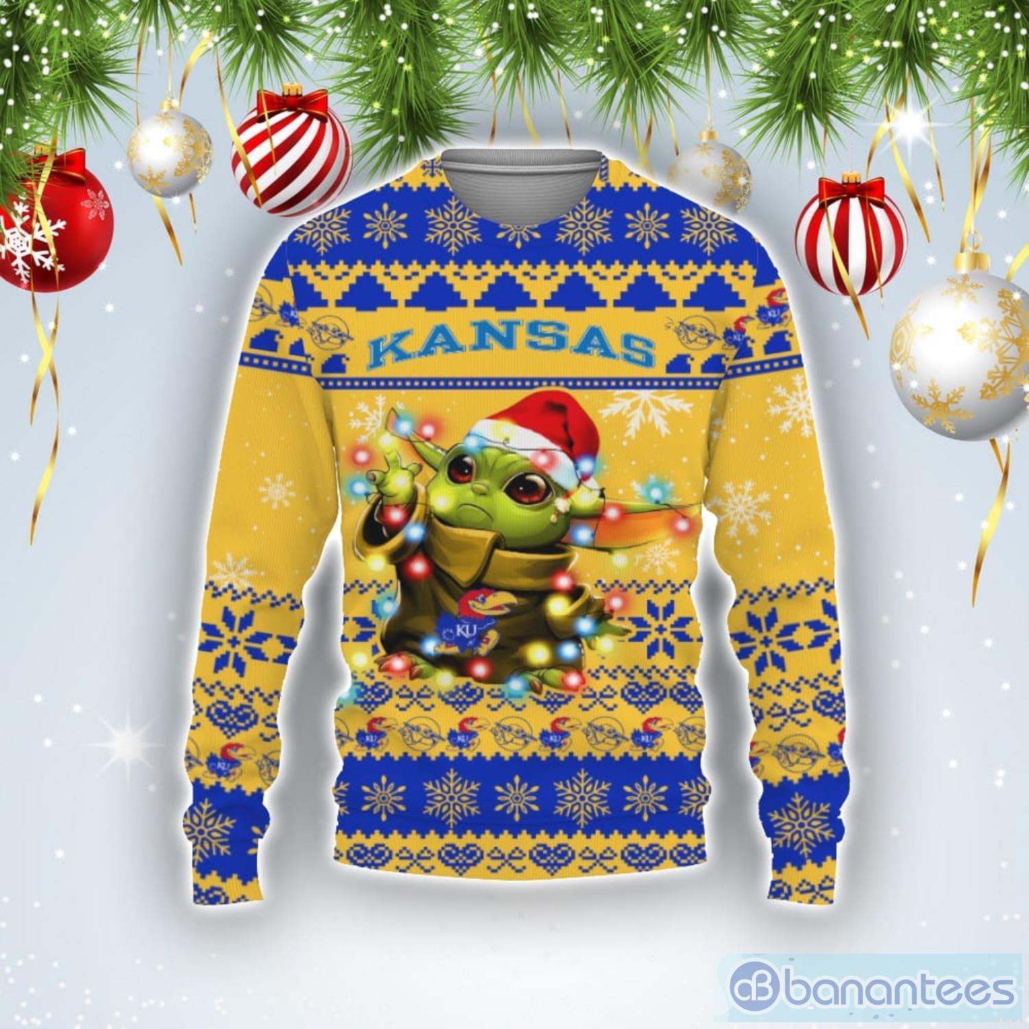 Kansas Jayhawks Baby Yoda Star Wars Sports Football American Ugly Christmas Sweater Product Photo 1