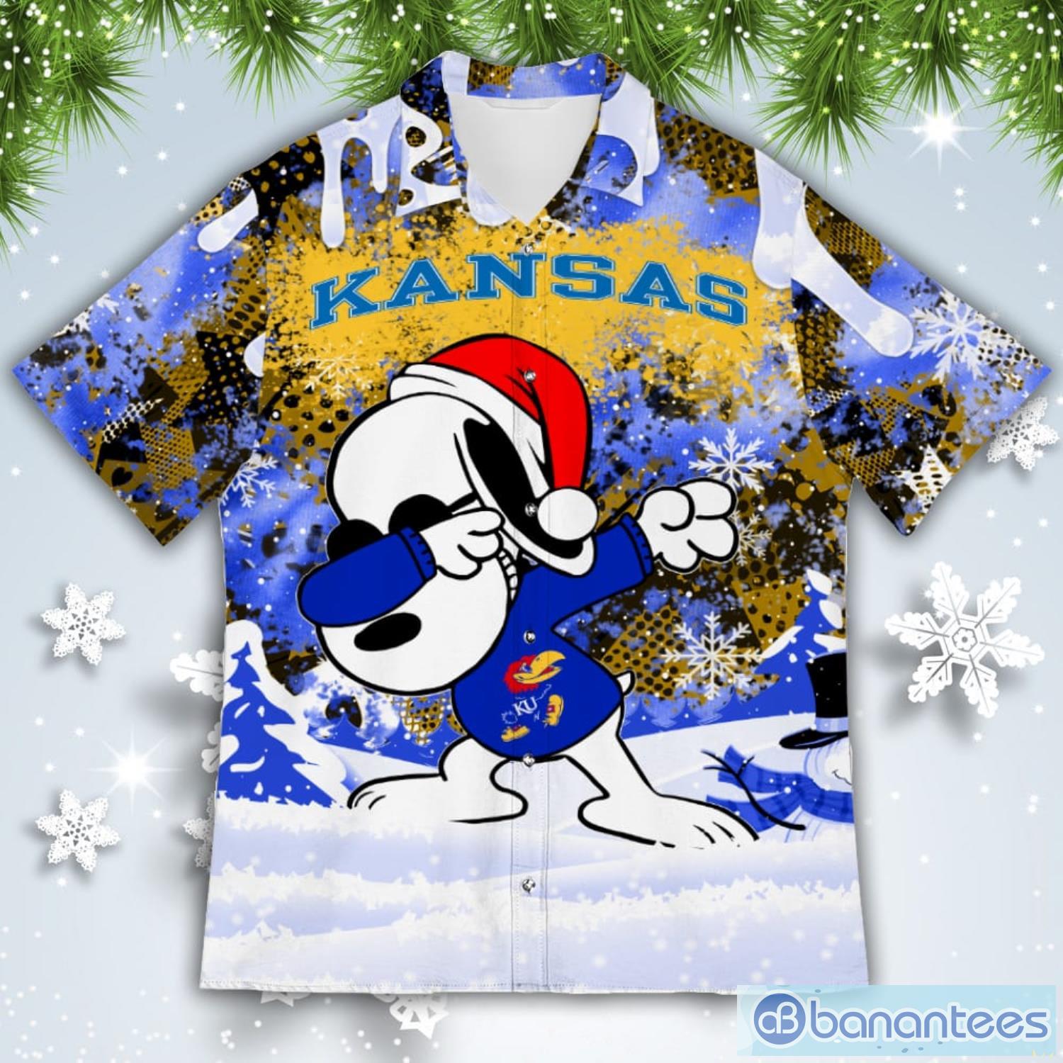 Kansas Jayhawks Snoopy Dabbing The Peanuts American Christmas Dripping Hawaiian Shirt Product Photo 2