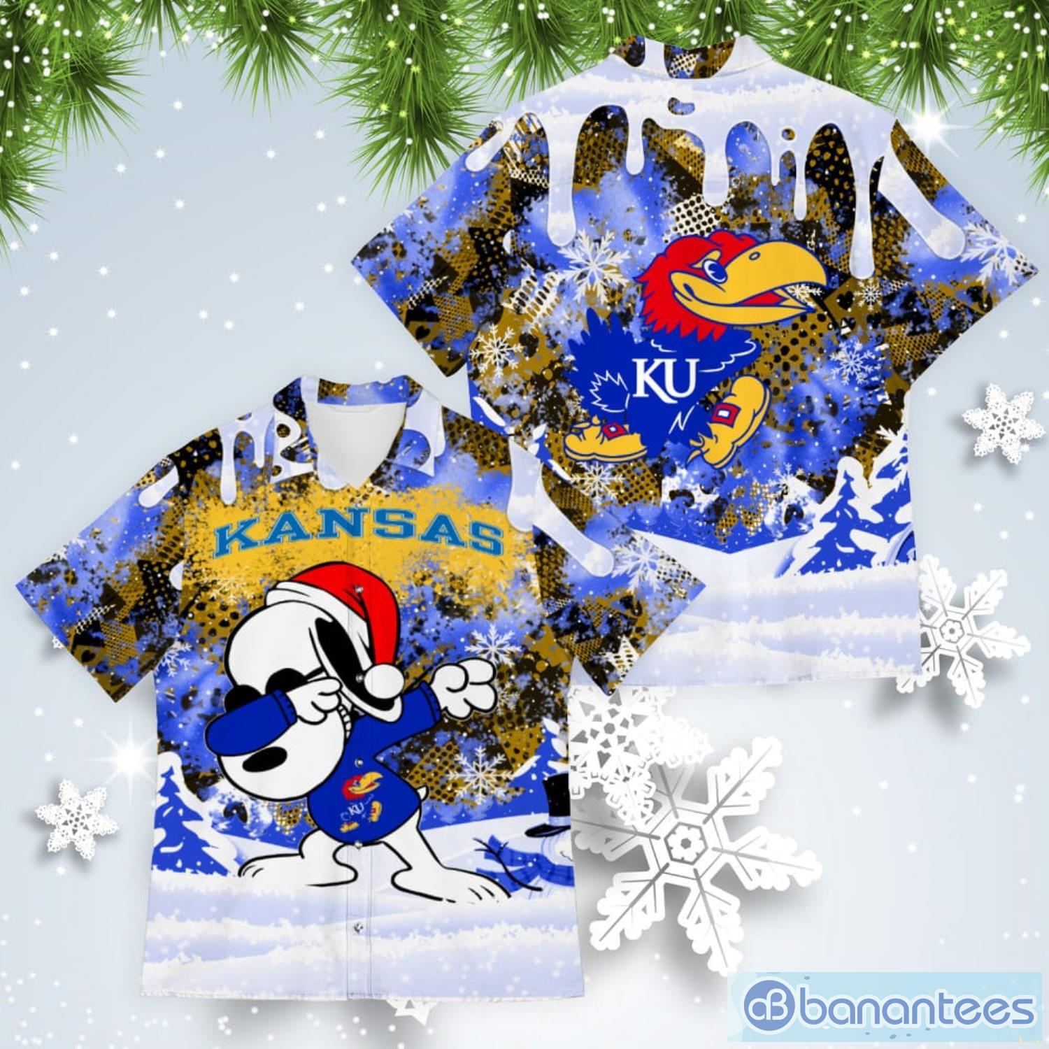 Kansas Jayhawks Snoopy Dabbing The Peanuts American Christmas Dripping Hawaiian Shirt Product Photo 1