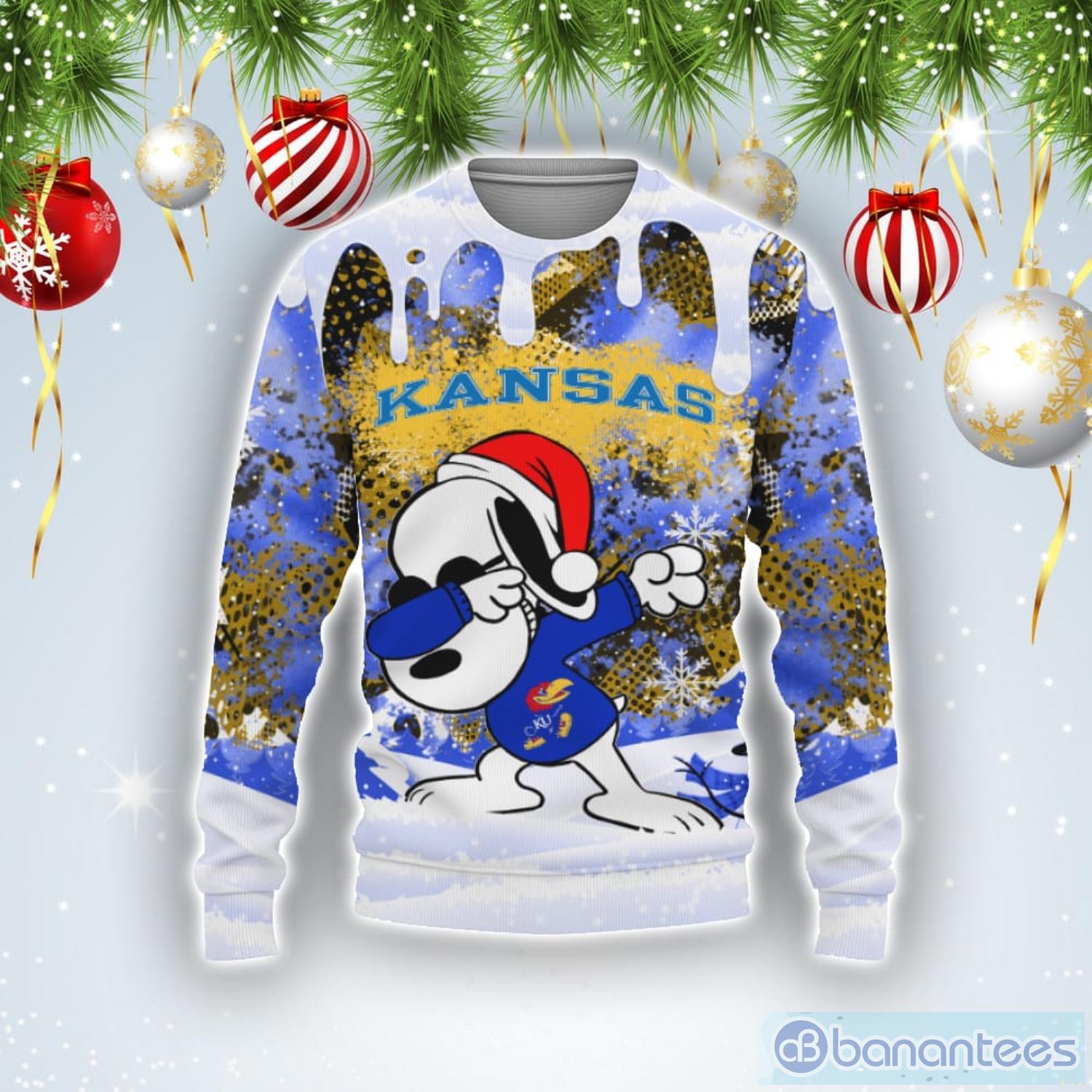 Kansas Jayhawks Snoopy Dabbing The Peanuts Sports Football American Ugly Christmas Sweater Product Photo 1
