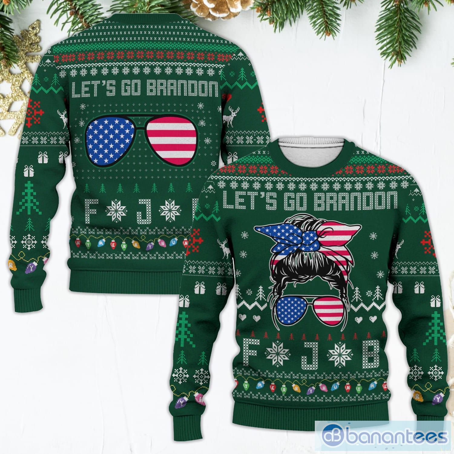 Let's Go Brandon FJB American Flag Glasses Messy Bun Christmas Green Ugly Christmas Sweater Product Photo 1