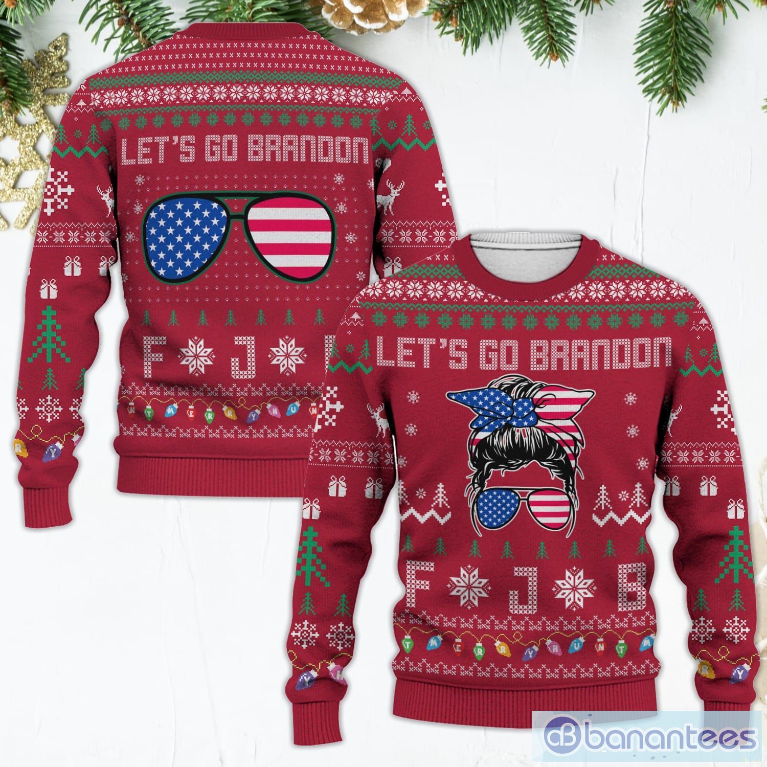 Let's Go Brandon FJB American Flag Glasses Messy Bun Christmas Ugly Christmas Sweater Product Photo 1