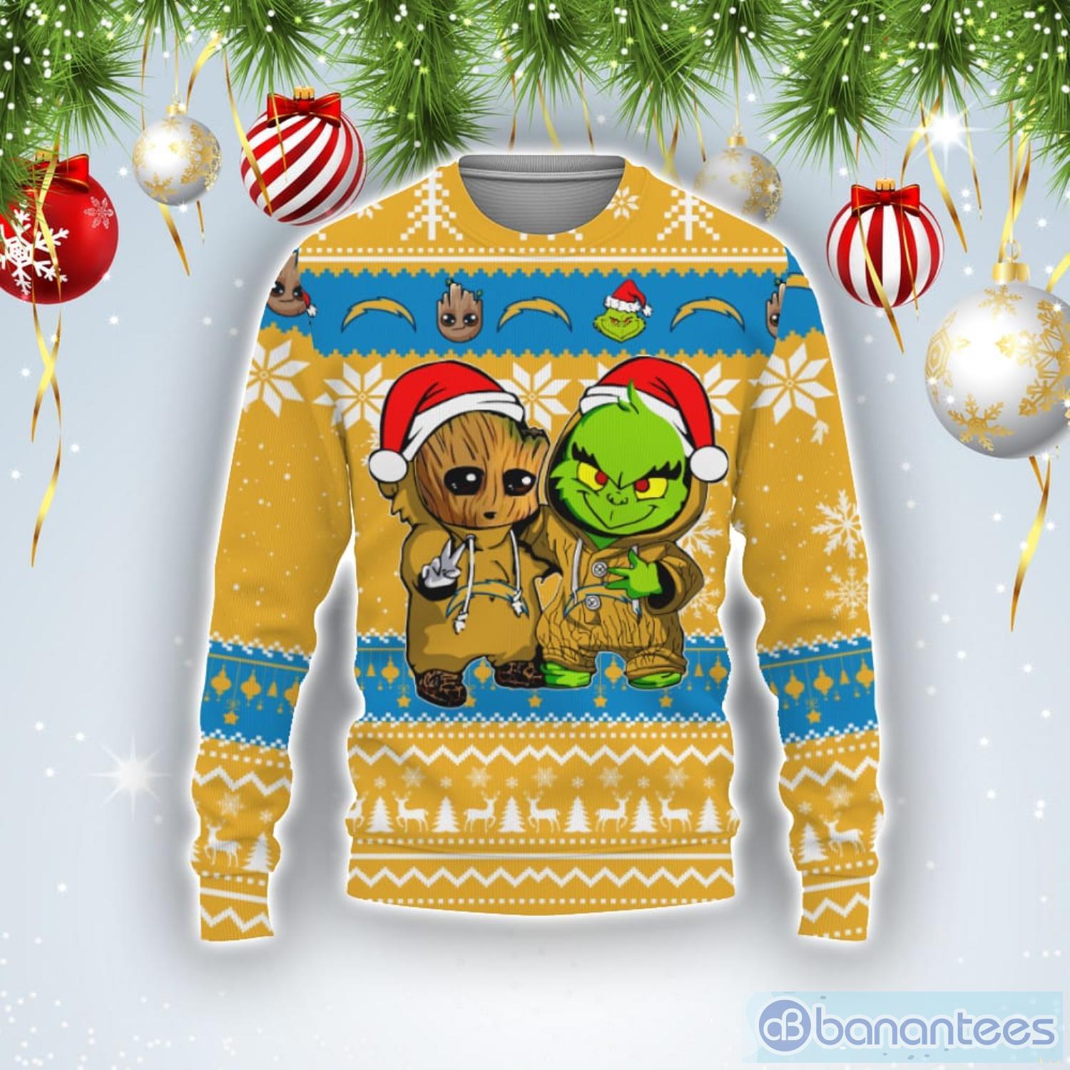 Los Angeles Chargers Baby Groot And Grinch Best Friends Football American Ugly Christmas Sweater Product Photo 1