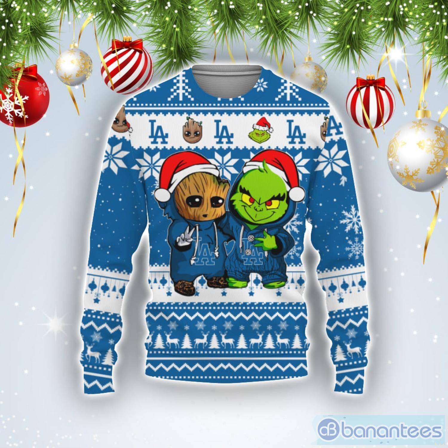 Los Angeles Dodgers Baby Groot And Grinch Best Friends Football American Ugly Christmas Sweater Product Photo 1