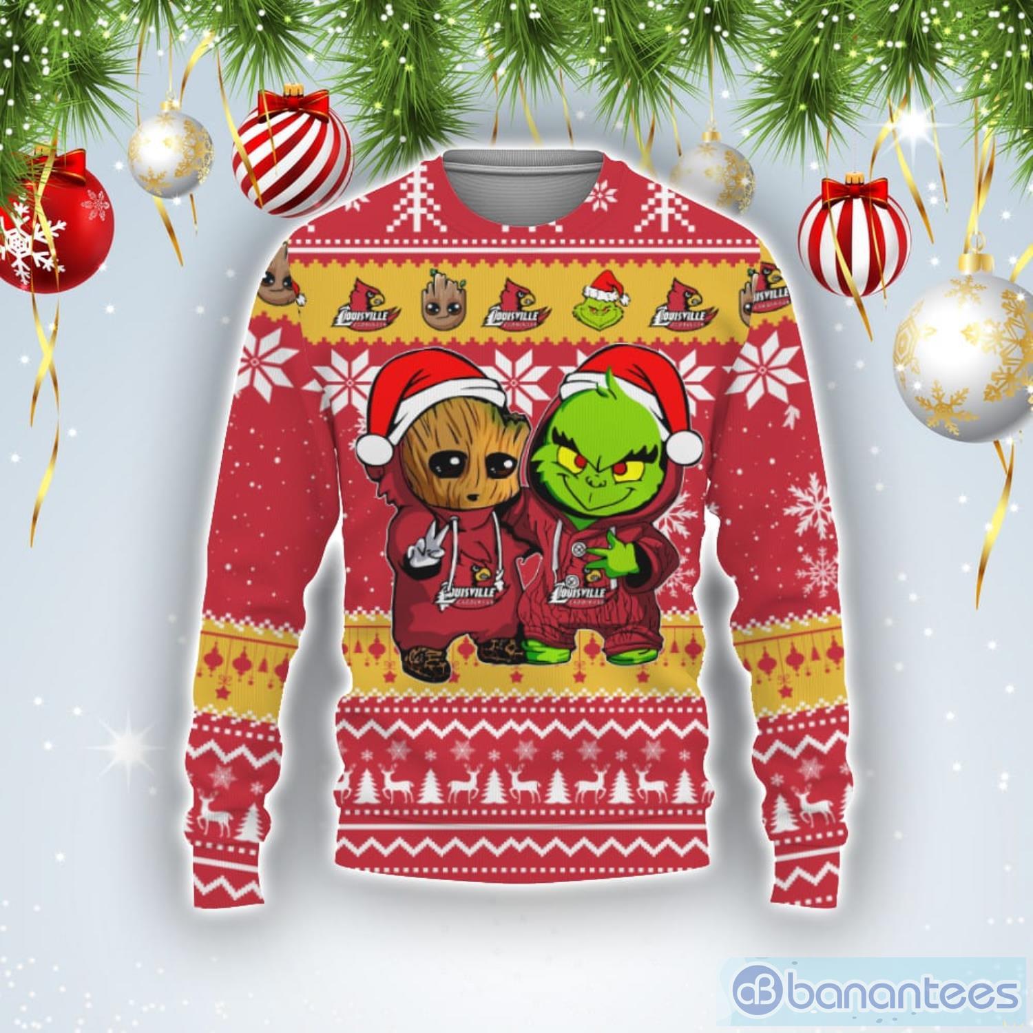 Louisville Cardinals Baby Groot And Grinch Best Friends Football American Ugly Christmas Sweater Product Photo 1