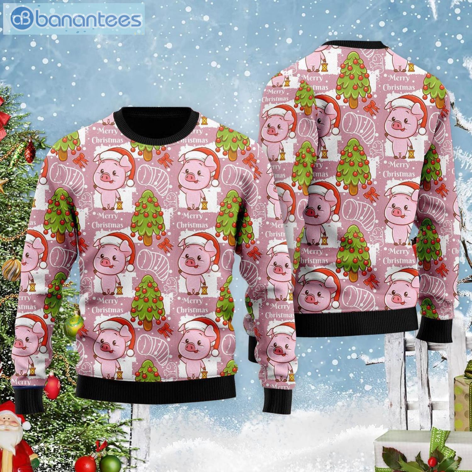 Lovely Pig On Pink All Over Print Ugly Christmas Sweater Product Photo 2