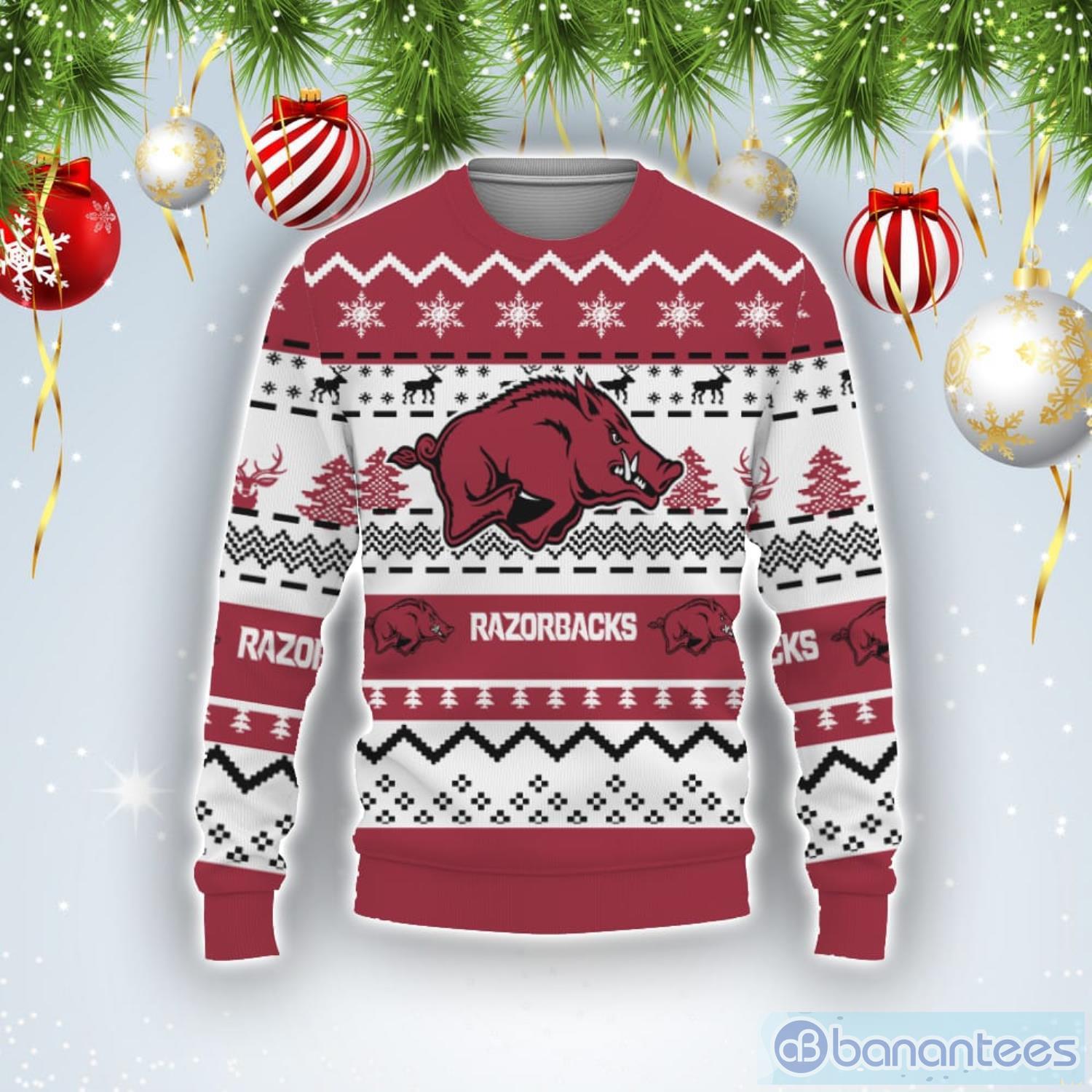 Merry Christmas Snow Pattern Funny Cute Arkansas Razorbacks Gifts Ugly Christmas Sweater Product Photo 1
