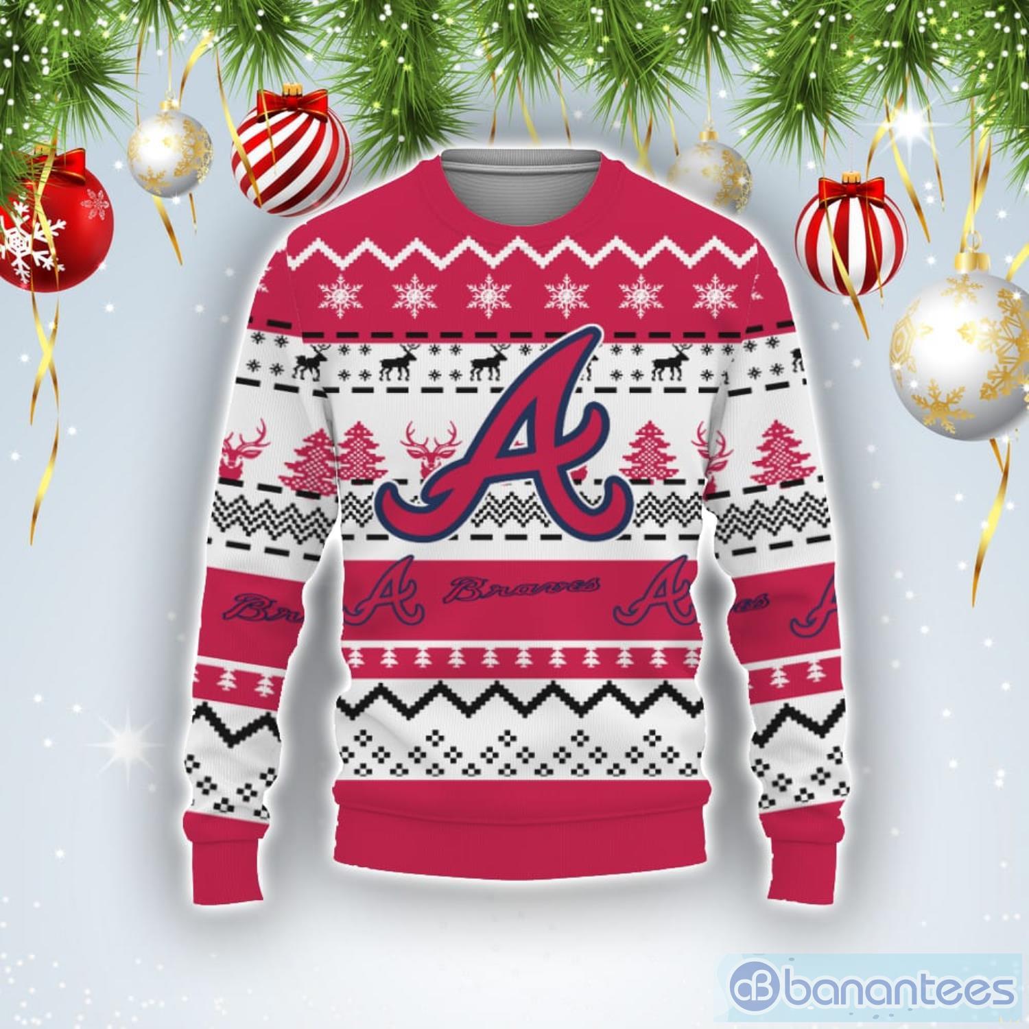 Merry Christmas Snow Pattern Funny Cute Atlanta Braves Gifts Ugly Christmas Sweater Product Photo 1