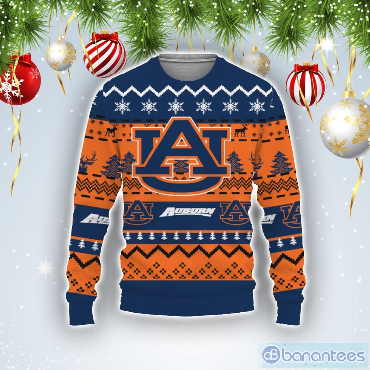 Merry Christmas Snow Pattern Funny Cute Auburn Tigers Gifts Ugly Christmas Sweater Product Photo 1
