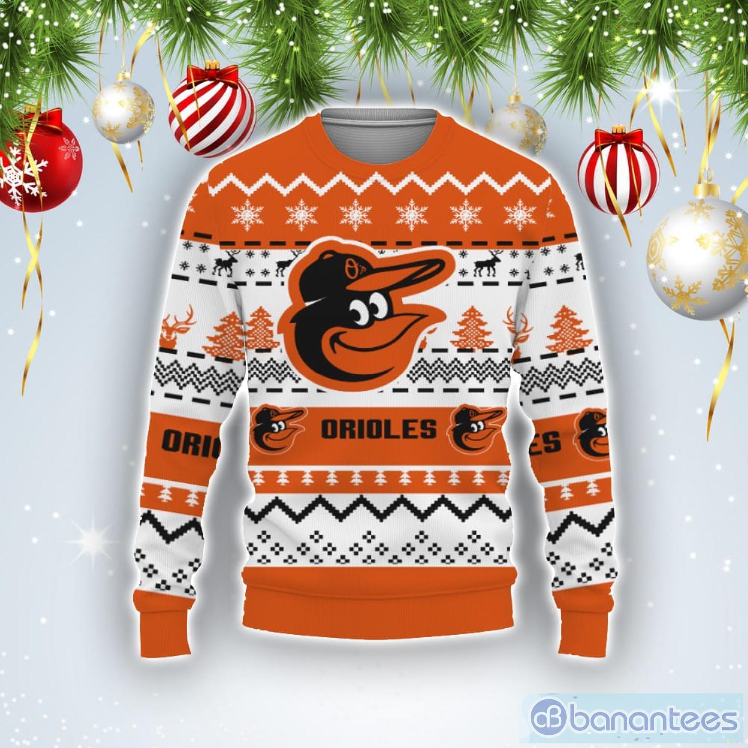 Merry Christmas Snow Pattern Funny Cute Baltimore Orioles Gifts Ugly Christmas Sweater Product Photo 1