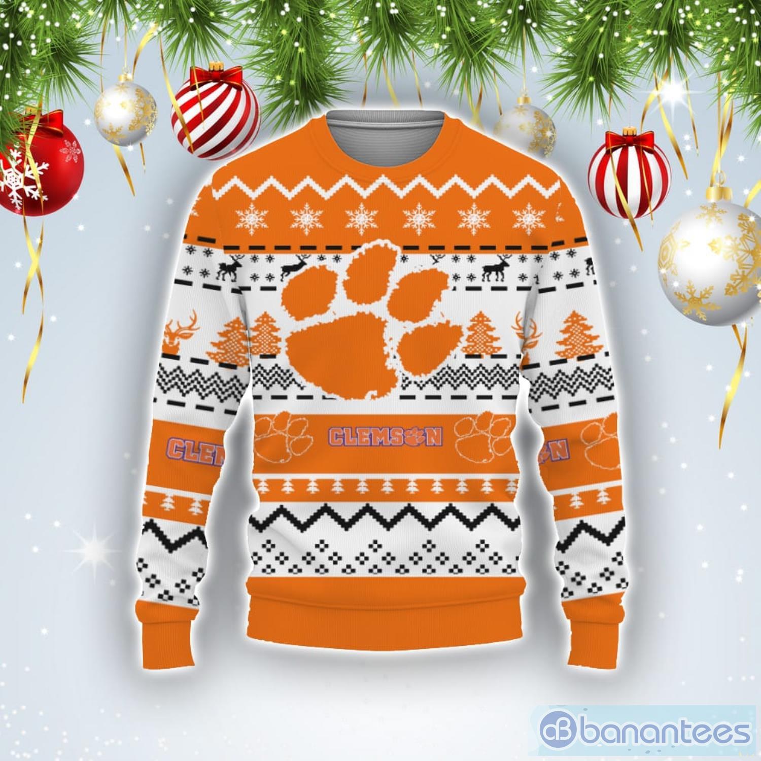 Merry Christmas Snow Pattern Funny Cute Clemson Tigers Gifts Ugly Christmas Sweater Product Photo 1