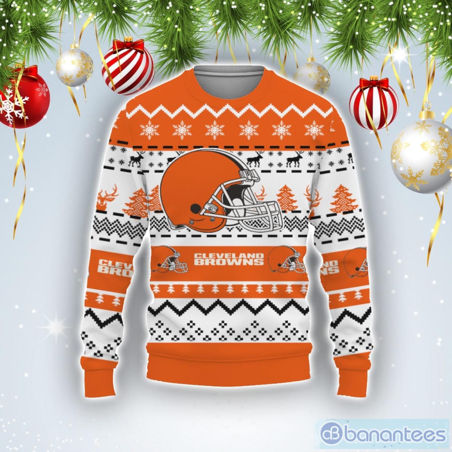 Merry Christmas Snow Pattern Funny Cute Cleveland Browns Gifts Ugly Christmas Sweater Product Photo 1
