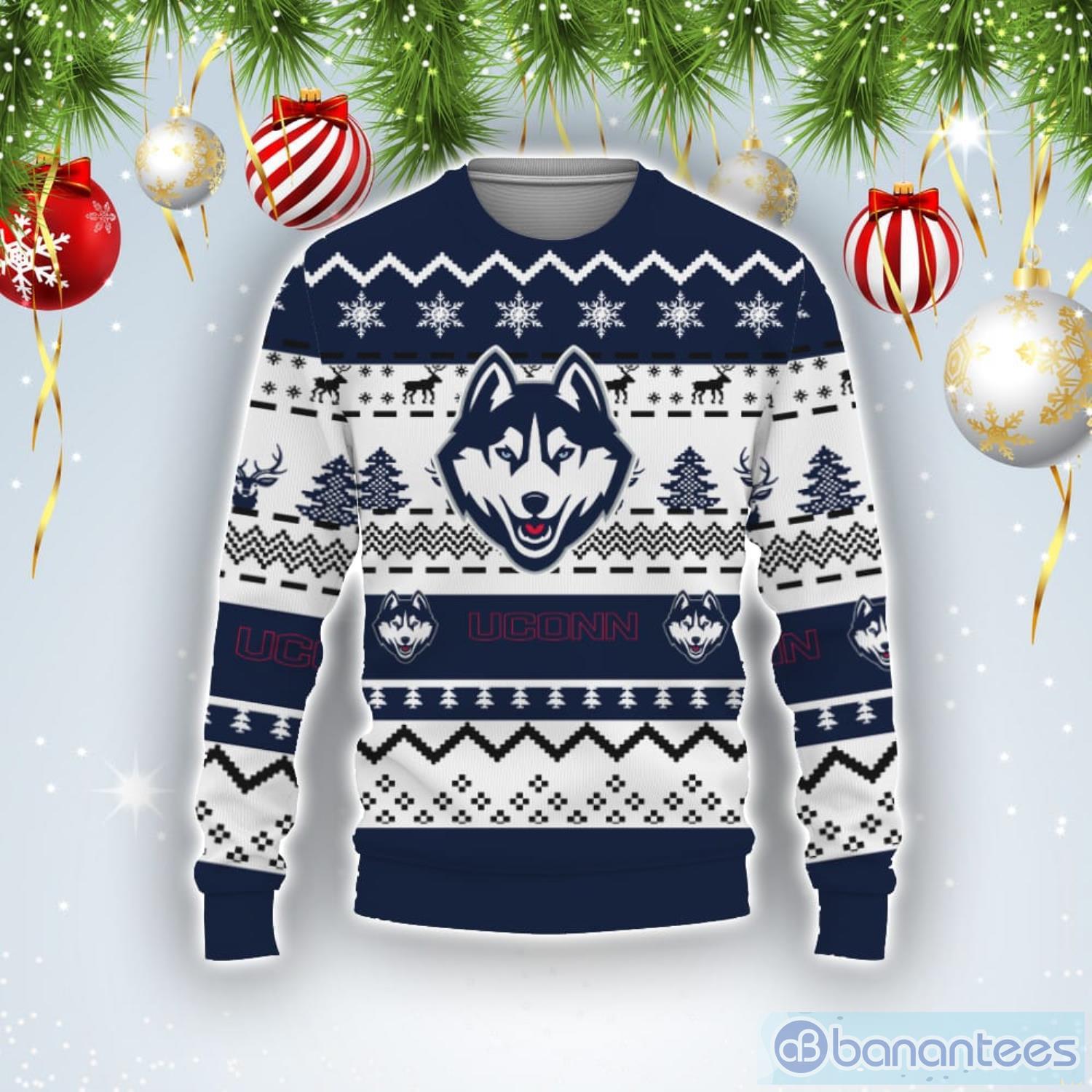 Merry Christmas Snow Pattern Funny Cute Connecticut Huskies Ugly Christmas Sweater Product Photo 1