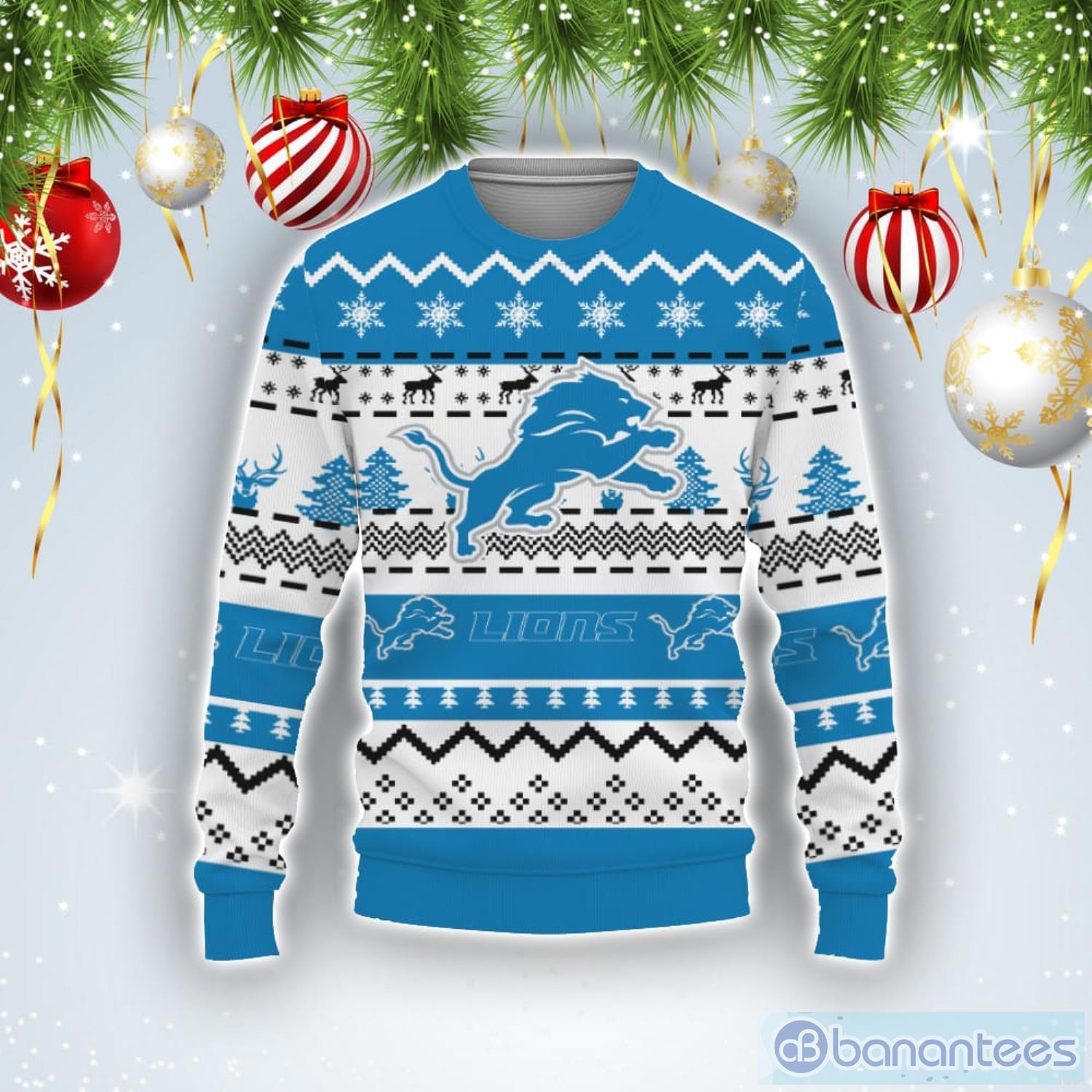 Merry Christmas Snow Pattern Funny Cute Detroit Lions Gifts Ugly Christmas Sweater Product Photo 1