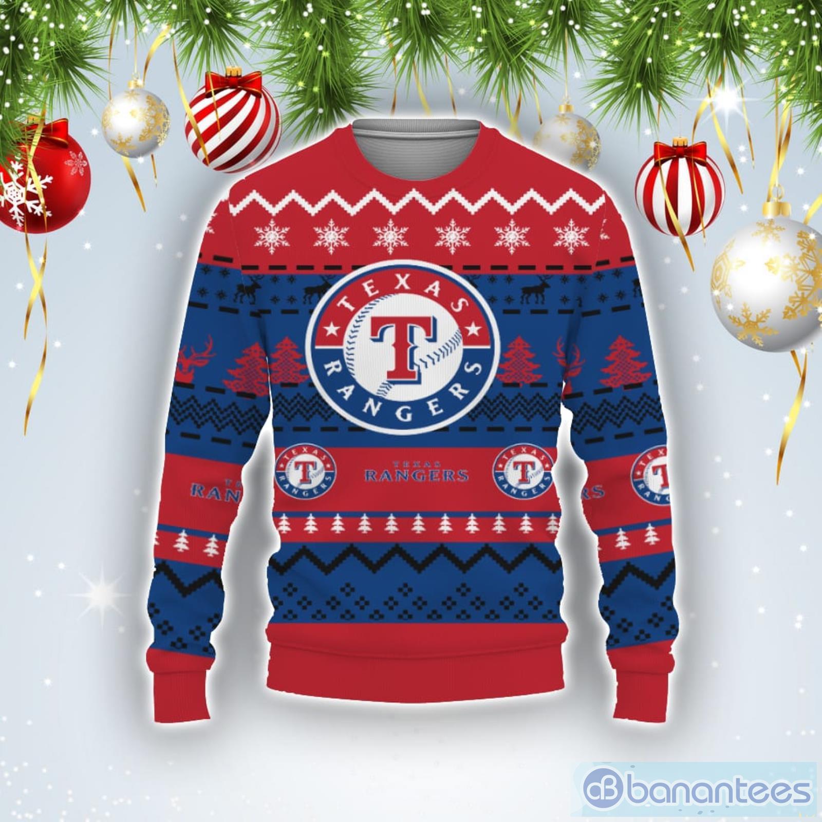 Merry Christmas Snow Pattern Funny Cute Texas Rangers Gifts Ugly Christmas Sweater Product Photo 1