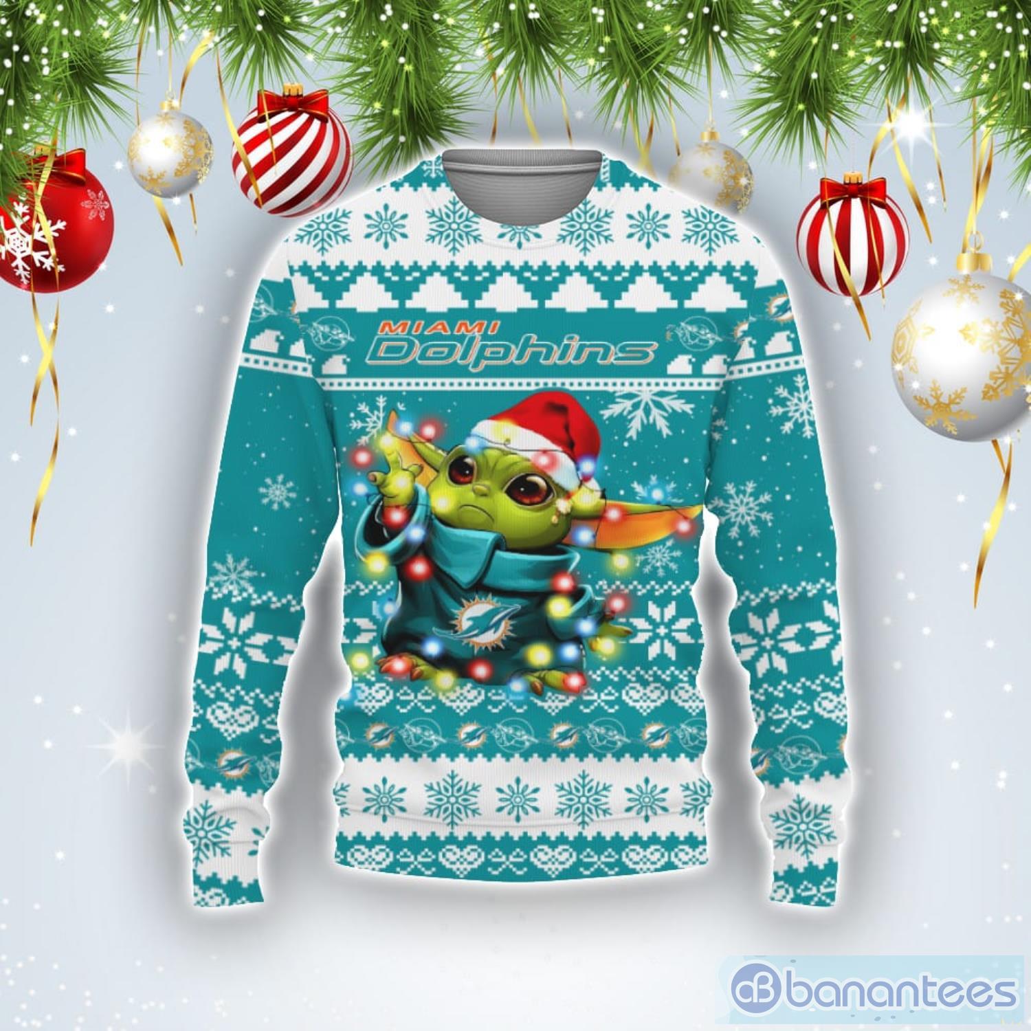 Miami Dolphins Baby Yoda Star Wars Sports Football American Ugly Christmas Sweater Product Photo 1