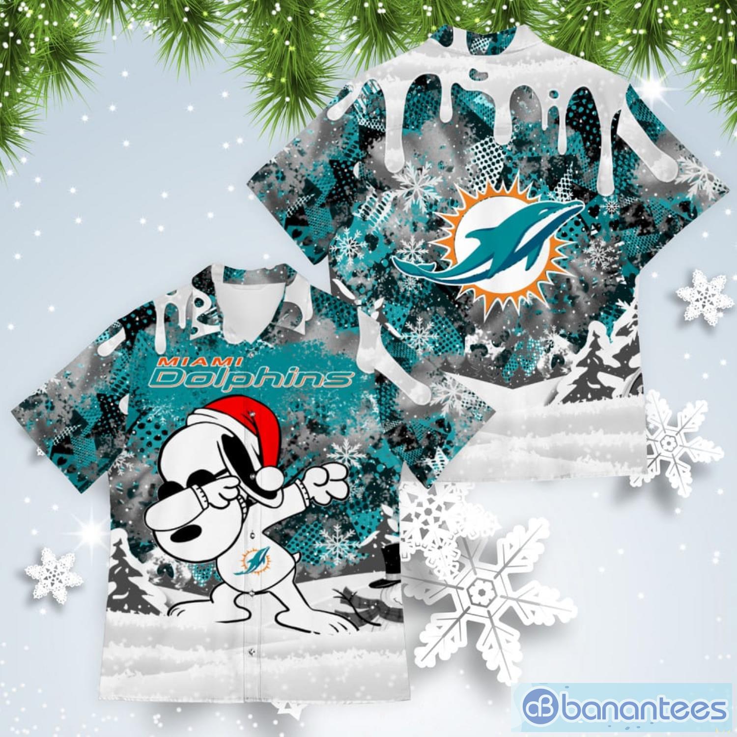Miami Dolphins Snoopy Dabbing The Peanuts American Christmas Dripping Hawaiian Shirt Product Photo 1