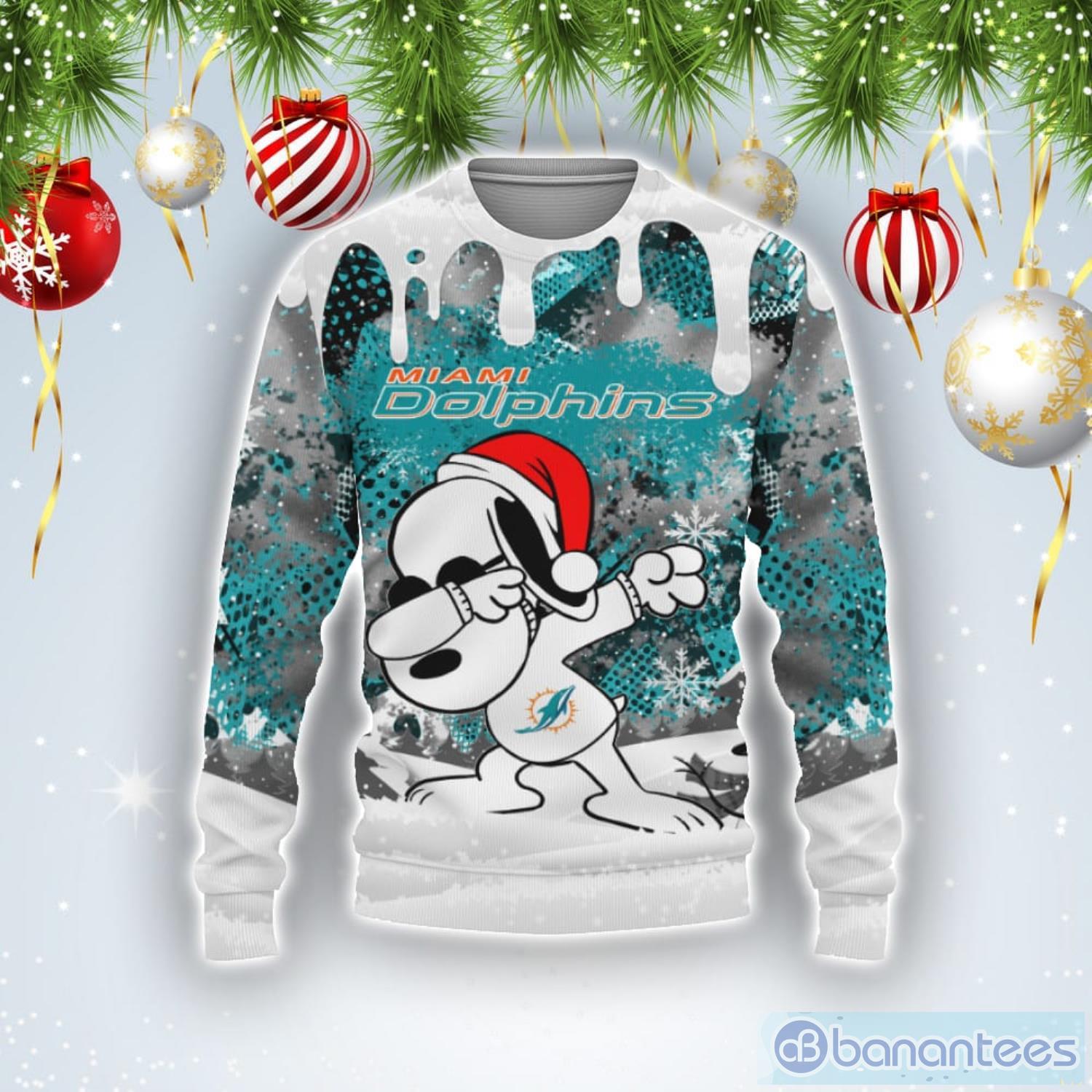 Miami Dolphins Snoopy Dabbing The Peanuts Sports Football American Ugly Christmas Sweater Product Photo 1