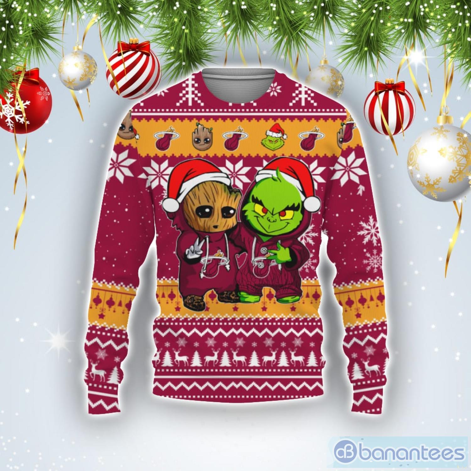 Miami Heat Baby Groot And Grinch Best Friends Football American Ugly Christmas Sweater Product Photo 1