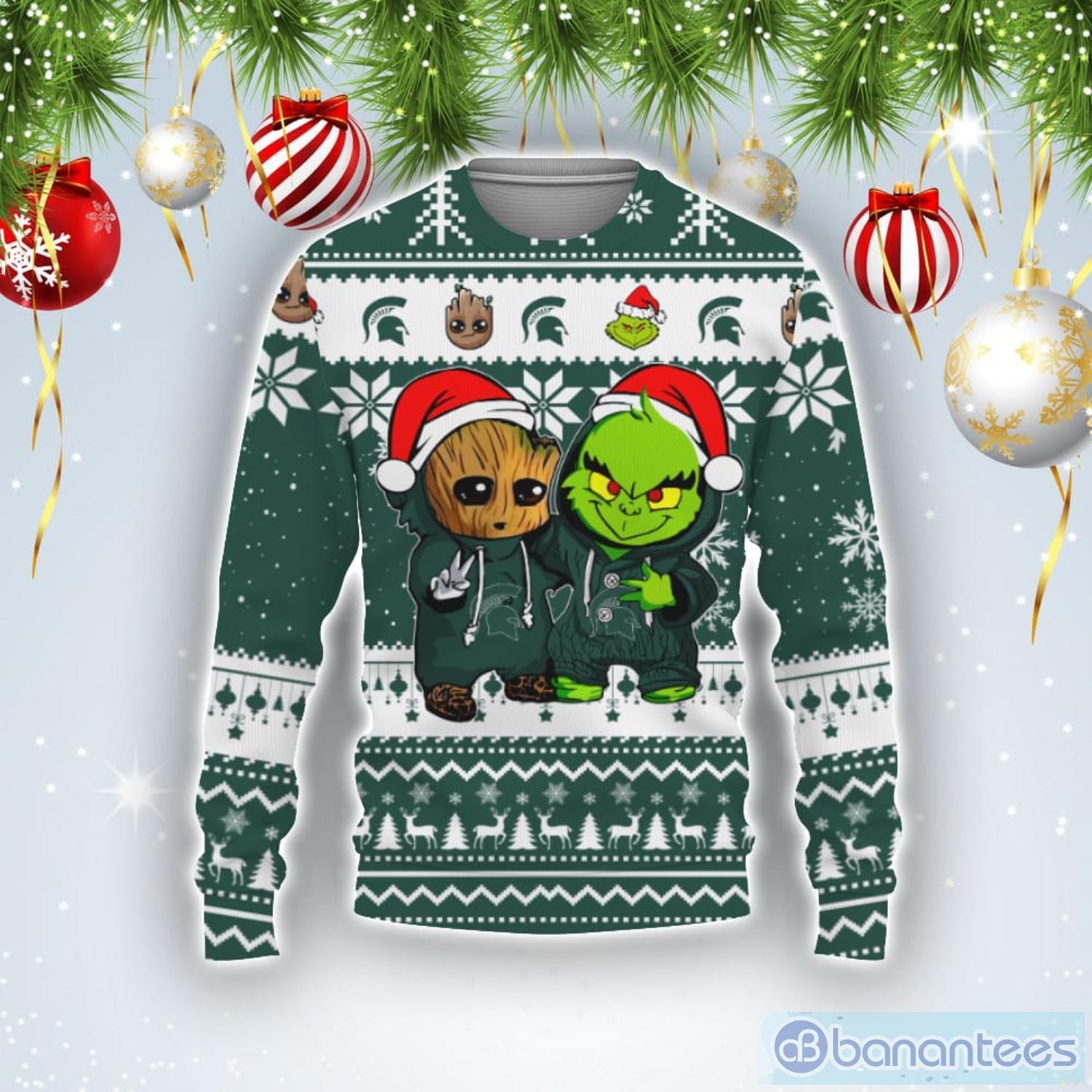 Michigan State Spartans Baby Groot And Grinch Best Friends Football American Ugly Christmas Sweater Product Photo 1