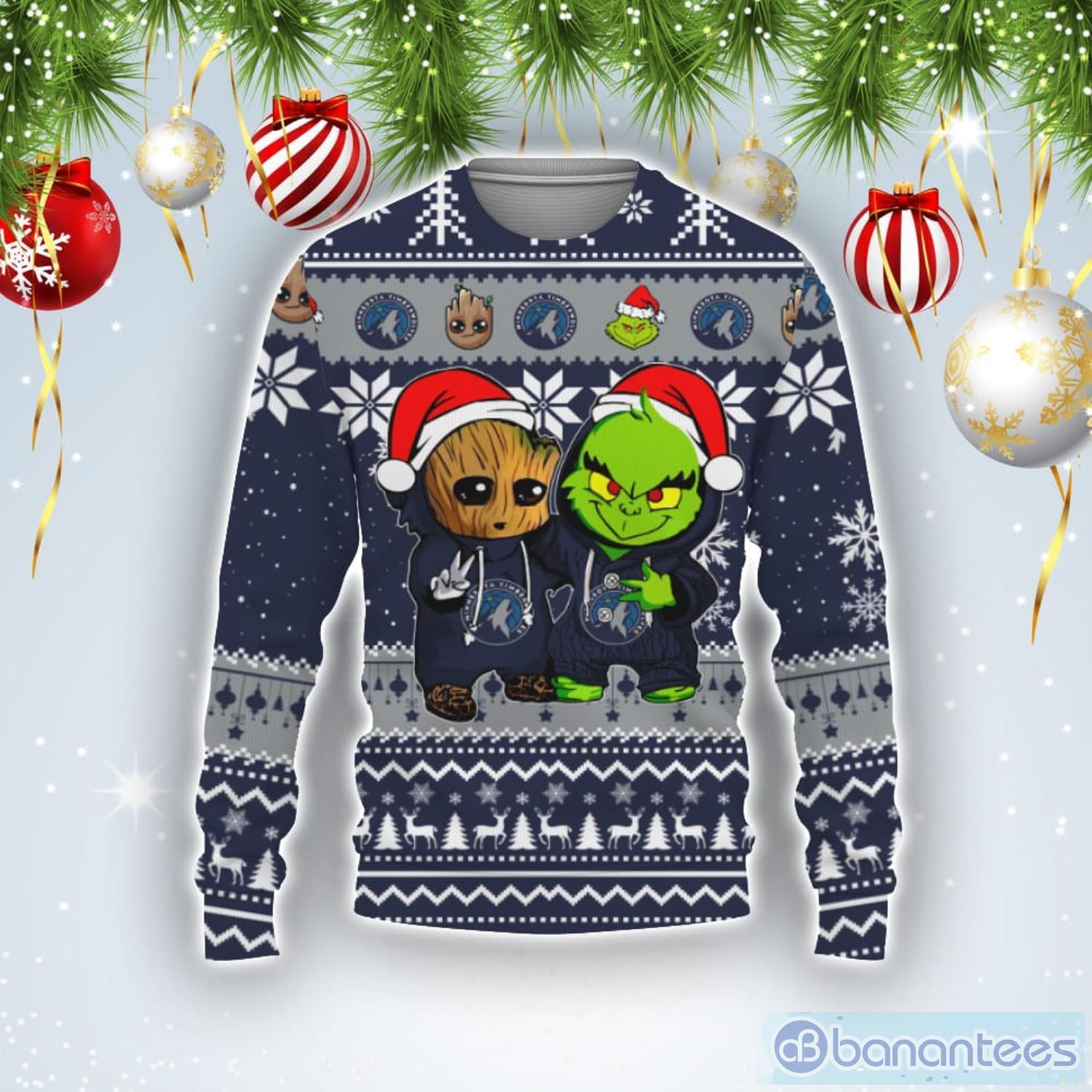 Minnesota Timberwolves Baby Groot And Grinch Best Friends Football American Ugly Christmas Sweater Product Photo 1