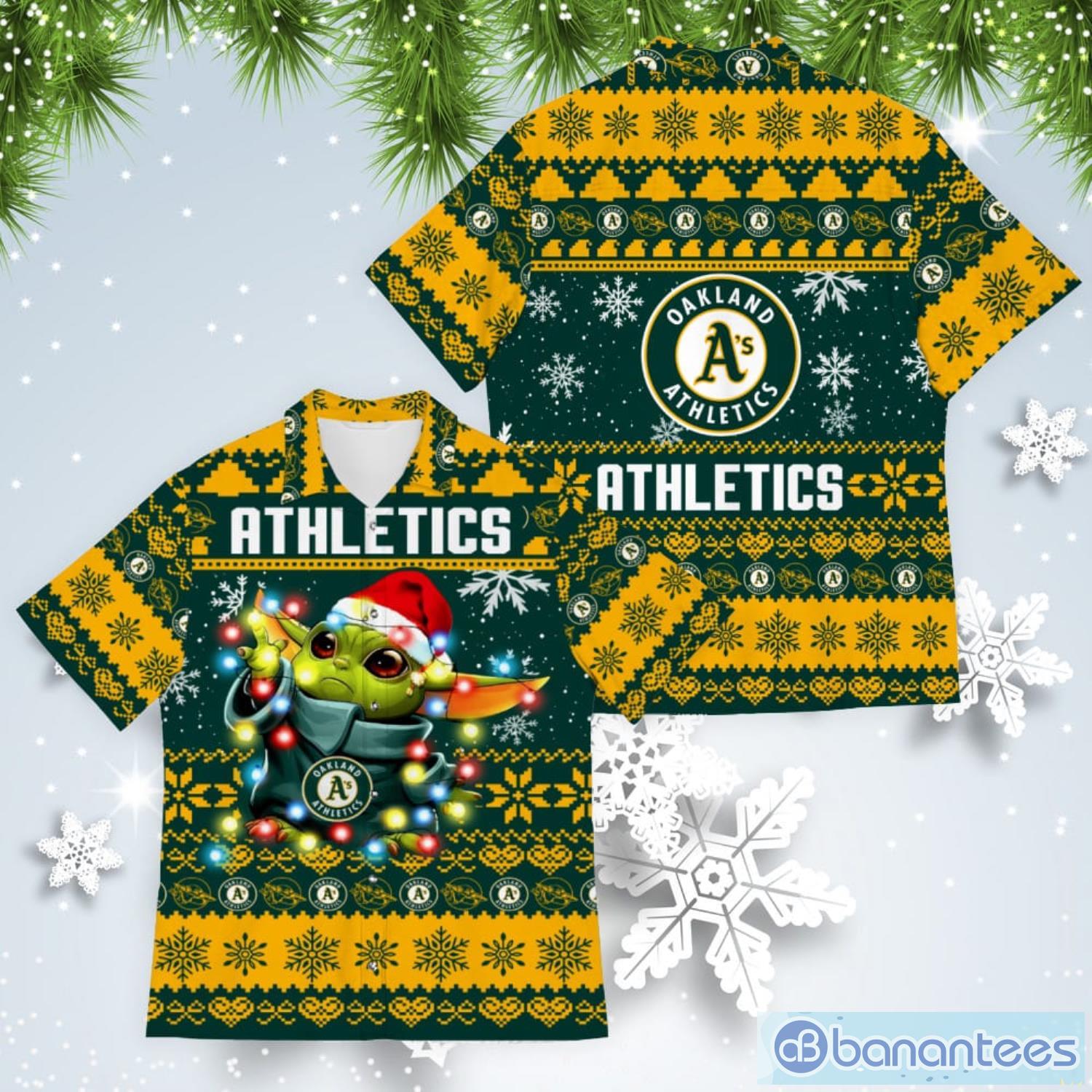 Oakland Athletics Baby Yoda Star Wars American Ugly Christmas Sweater Pattern Hawaiian Shirt Product Photo 1