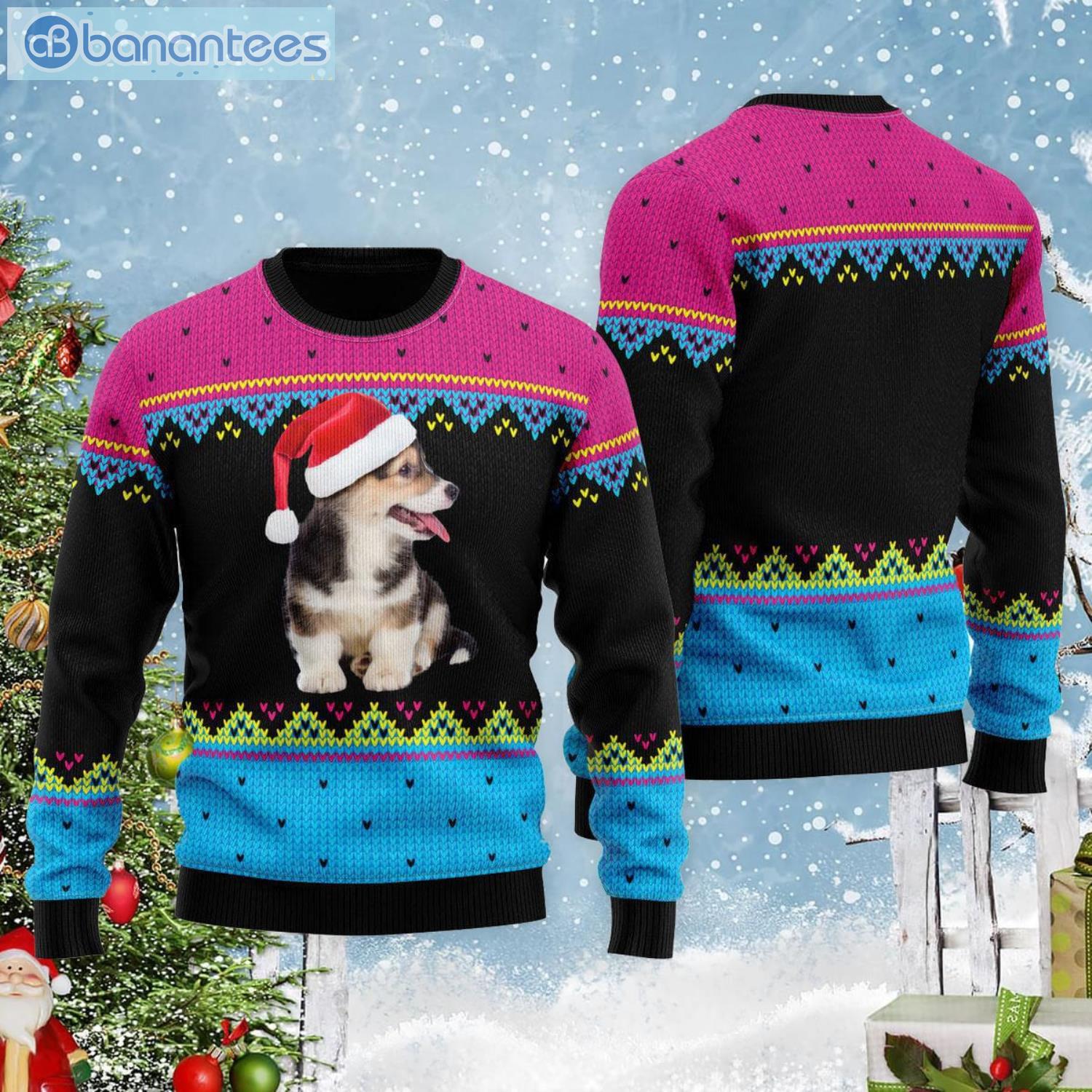 Pembroke Welsh Corgi Puppy On Red Christmas Hat Pattern Ugly Christmas Sweater Product Photo 1
