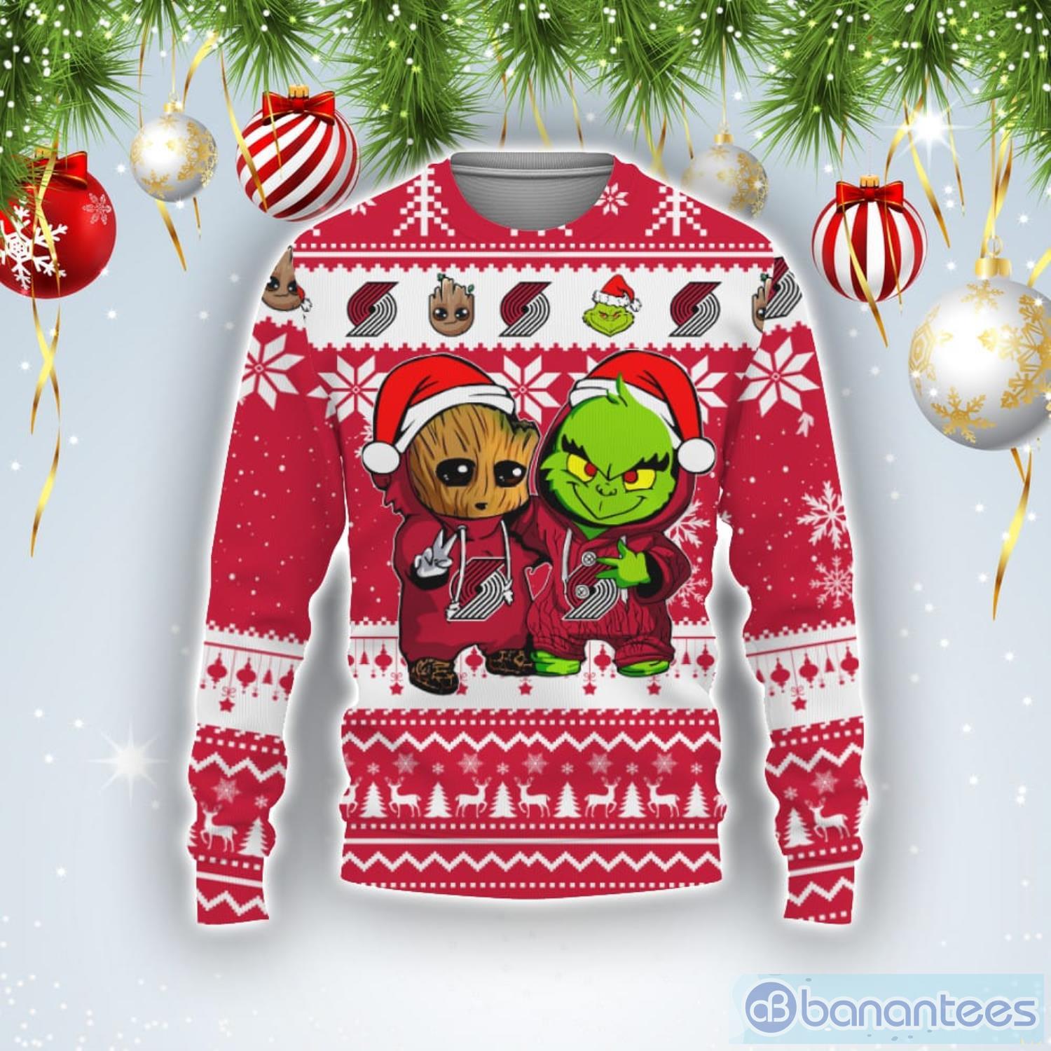 Portland Trail Blazers Baby Groot And Grinch Best Friends Football American Ugly Christmas Sweater Product Photo 1
