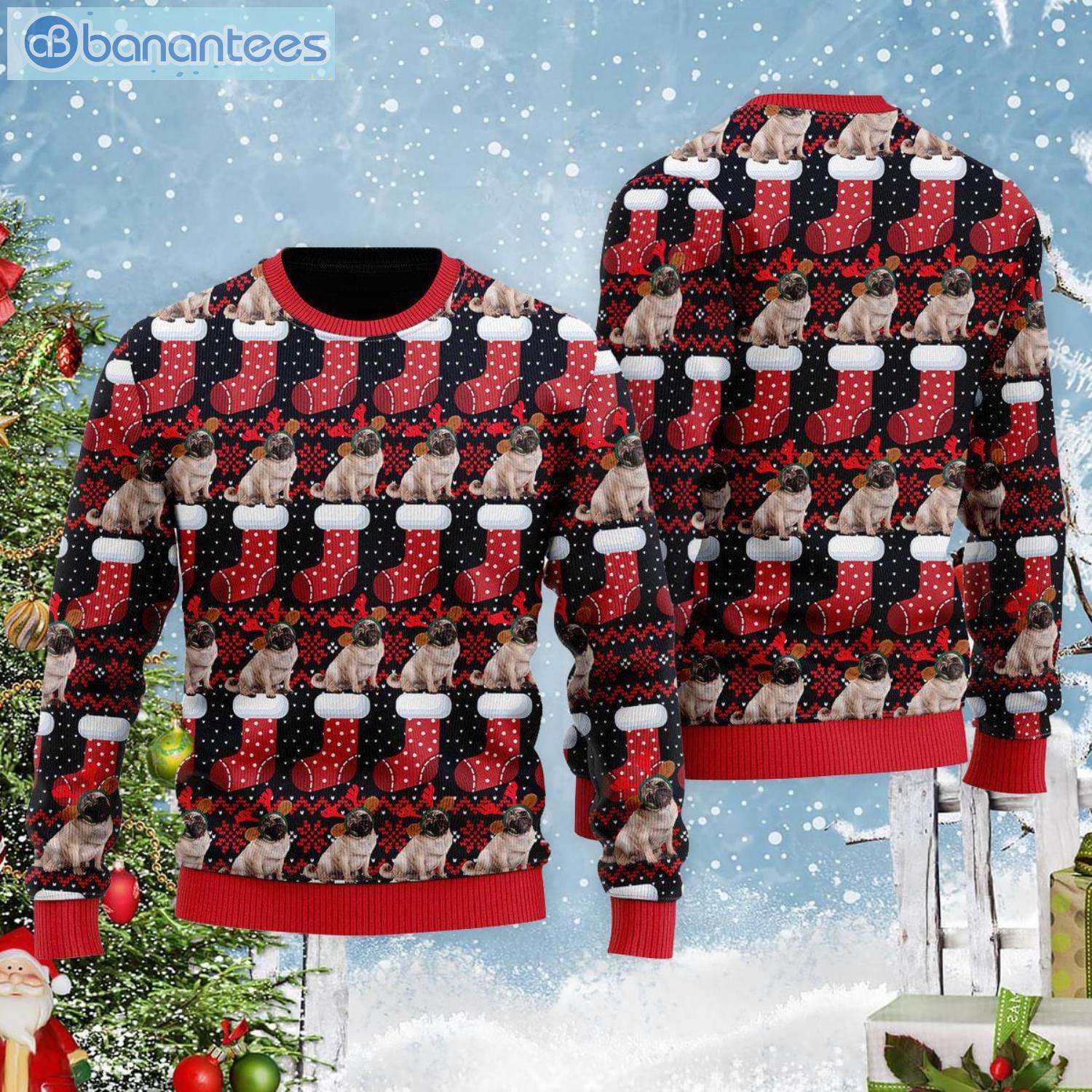Puppy Dog With Red Xmas Socks Pattern All Over Print Ugly Christmas Sweater Product Photo 1