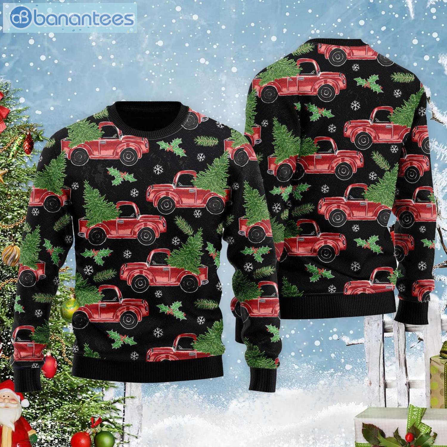 Red Truck And Pine Trees Pattern All Over Print Ugly Christmas Sweater Product Photo 1