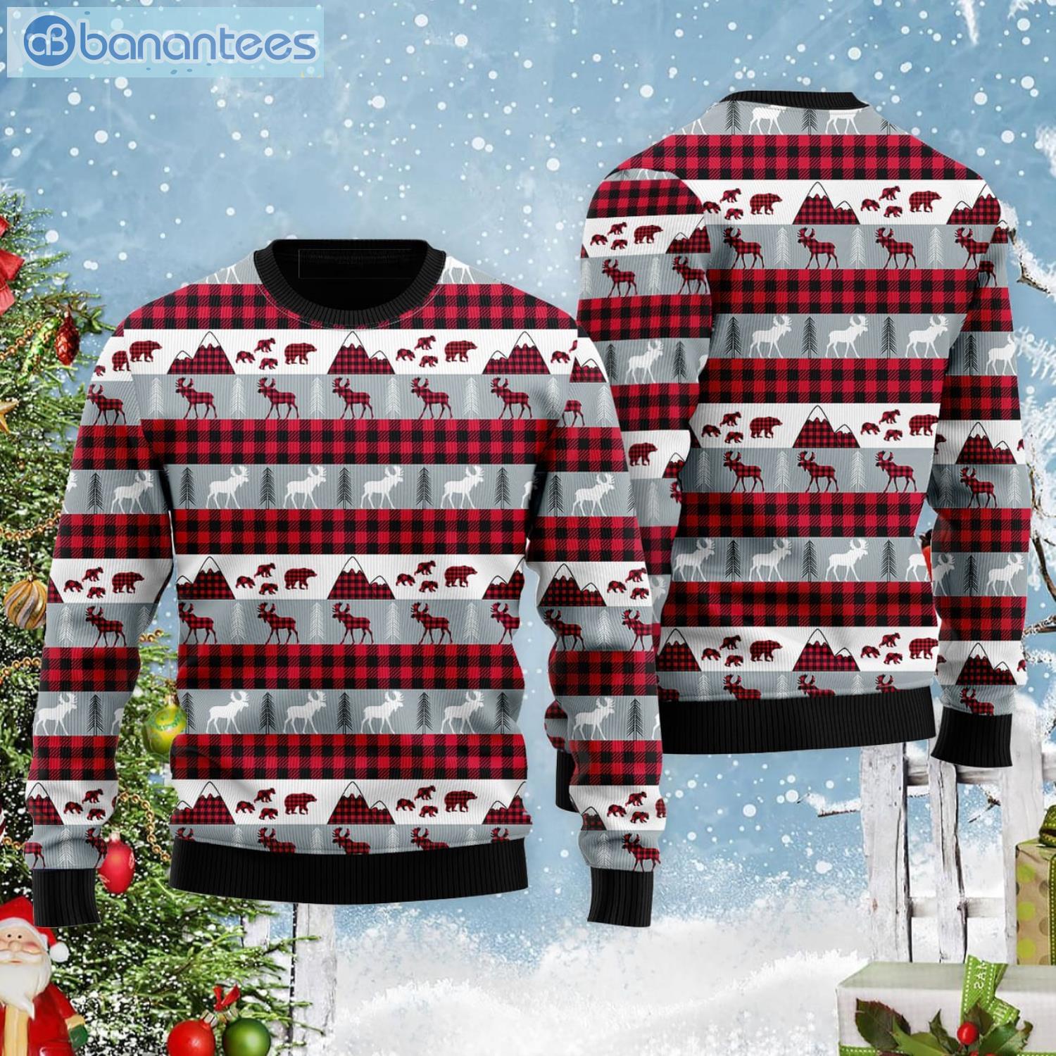 Reindeer And Beer On Buffalo Plaid Pattern Ugly Christmas Sweater Product Photo 1