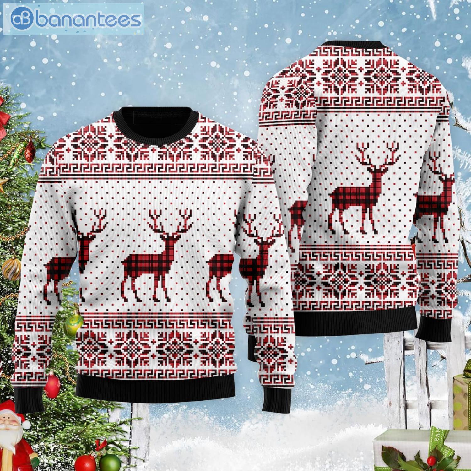 Reindeer Buffalo Plaid Pattern Cute Christmas Gift Ugly Christmas Sweater Product Photo 1
