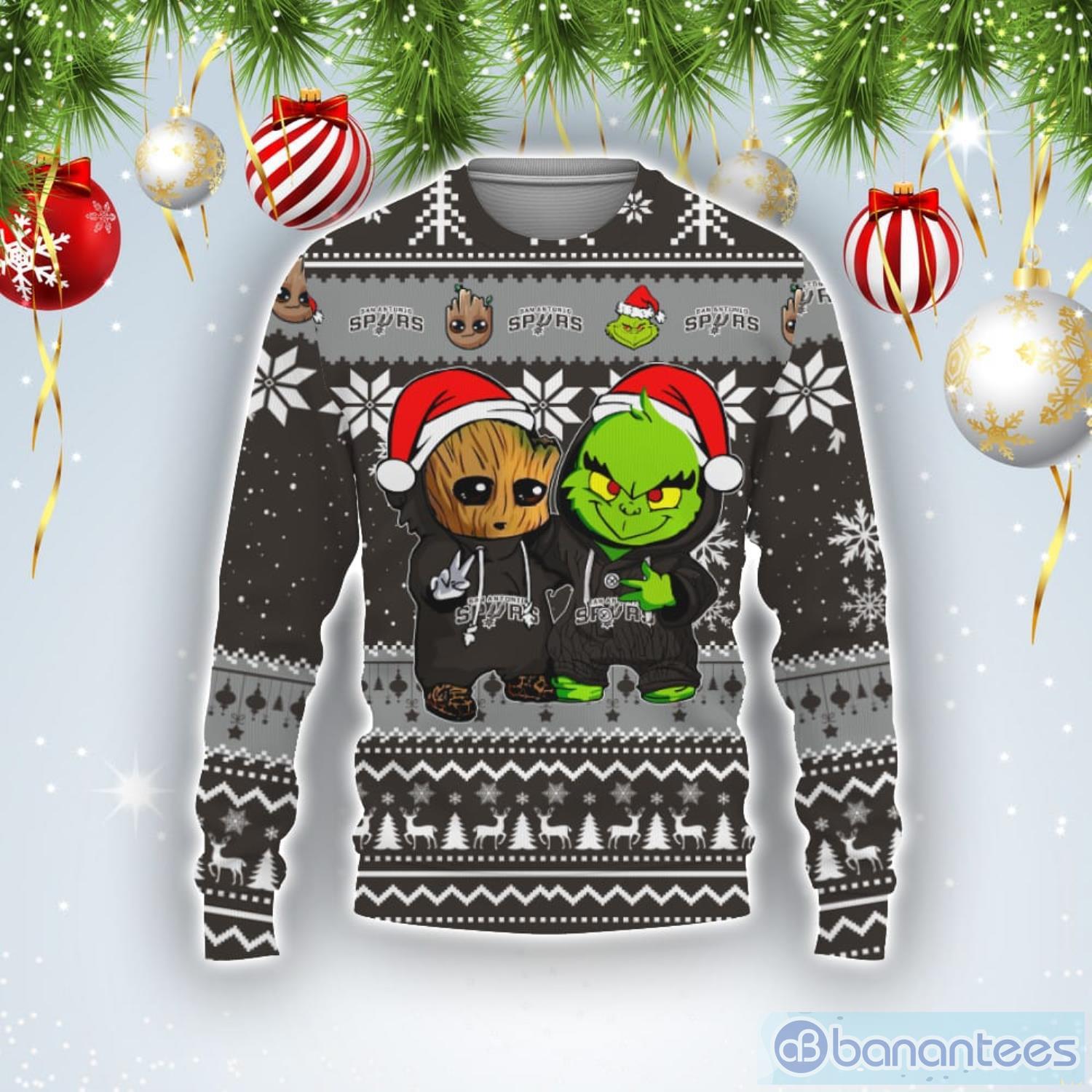 San Antonio Spurs Baby Groot And Grinch Best Friends Football American Ugly Christmas Sweater Product Photo 1