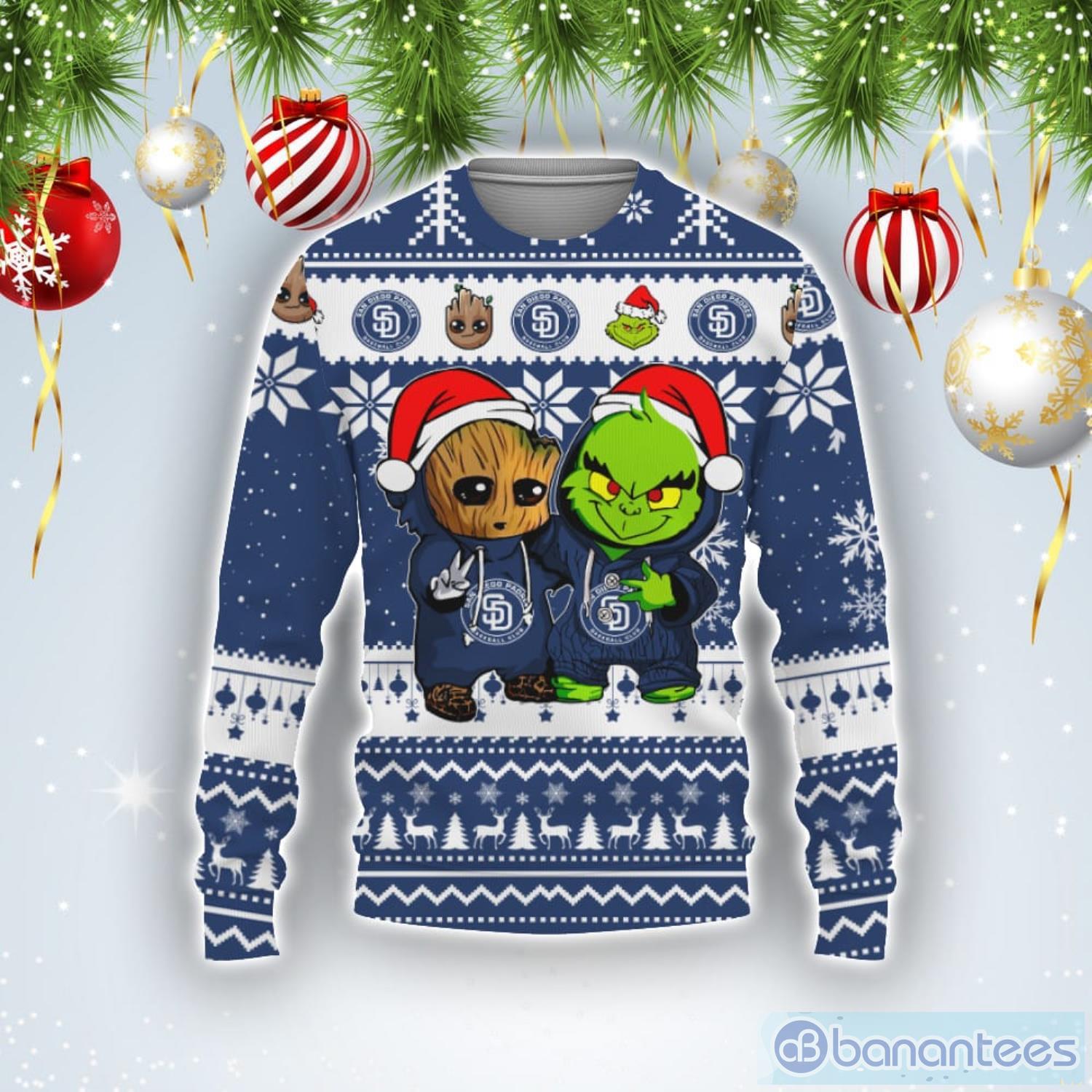 San Diego Padres Baby Groot And Grinch Best Friends Football American Ugly Christmas Sweater Product Photo 1