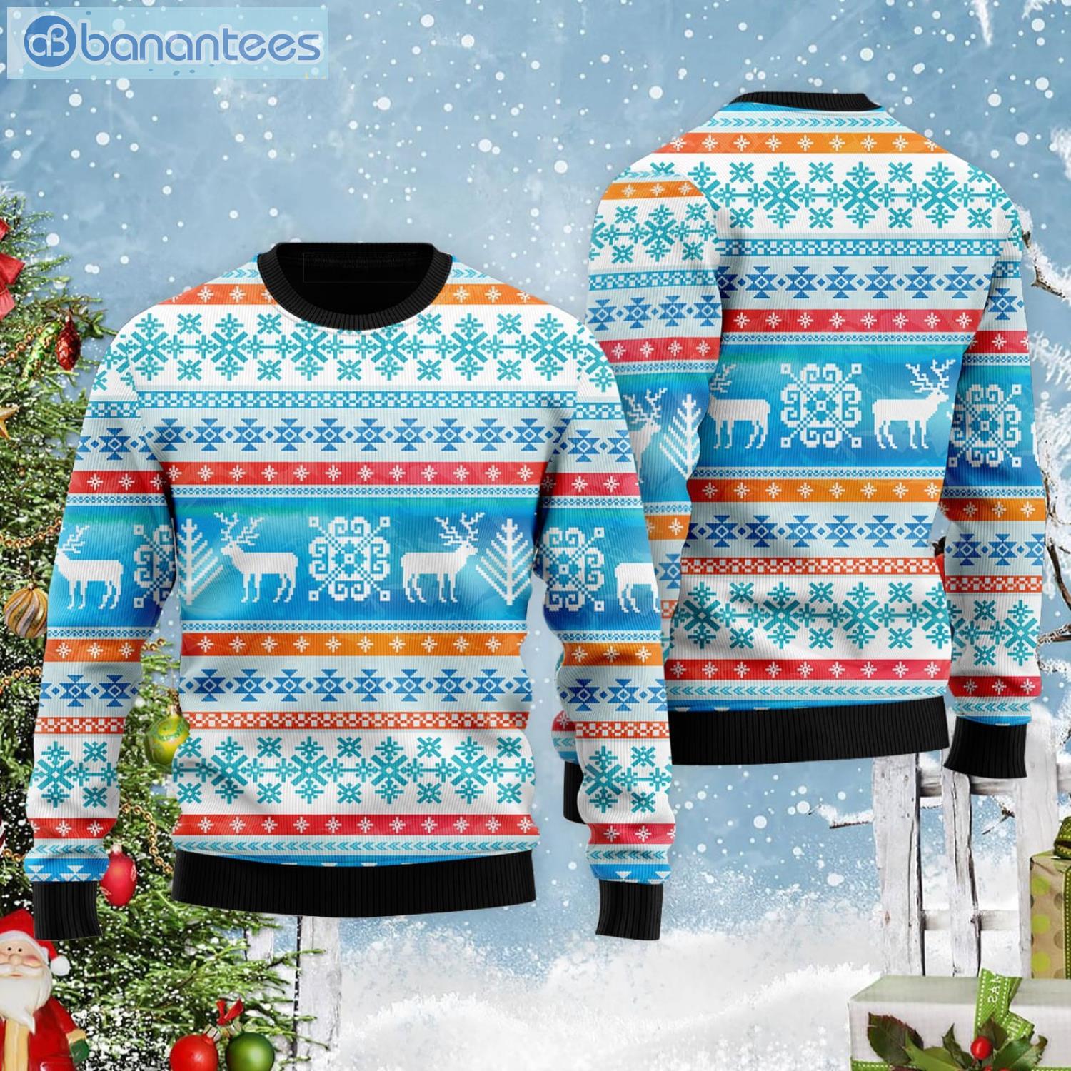 Santa's Reindeer Blue Pattern Ugly Christmas Sweater Product Photo