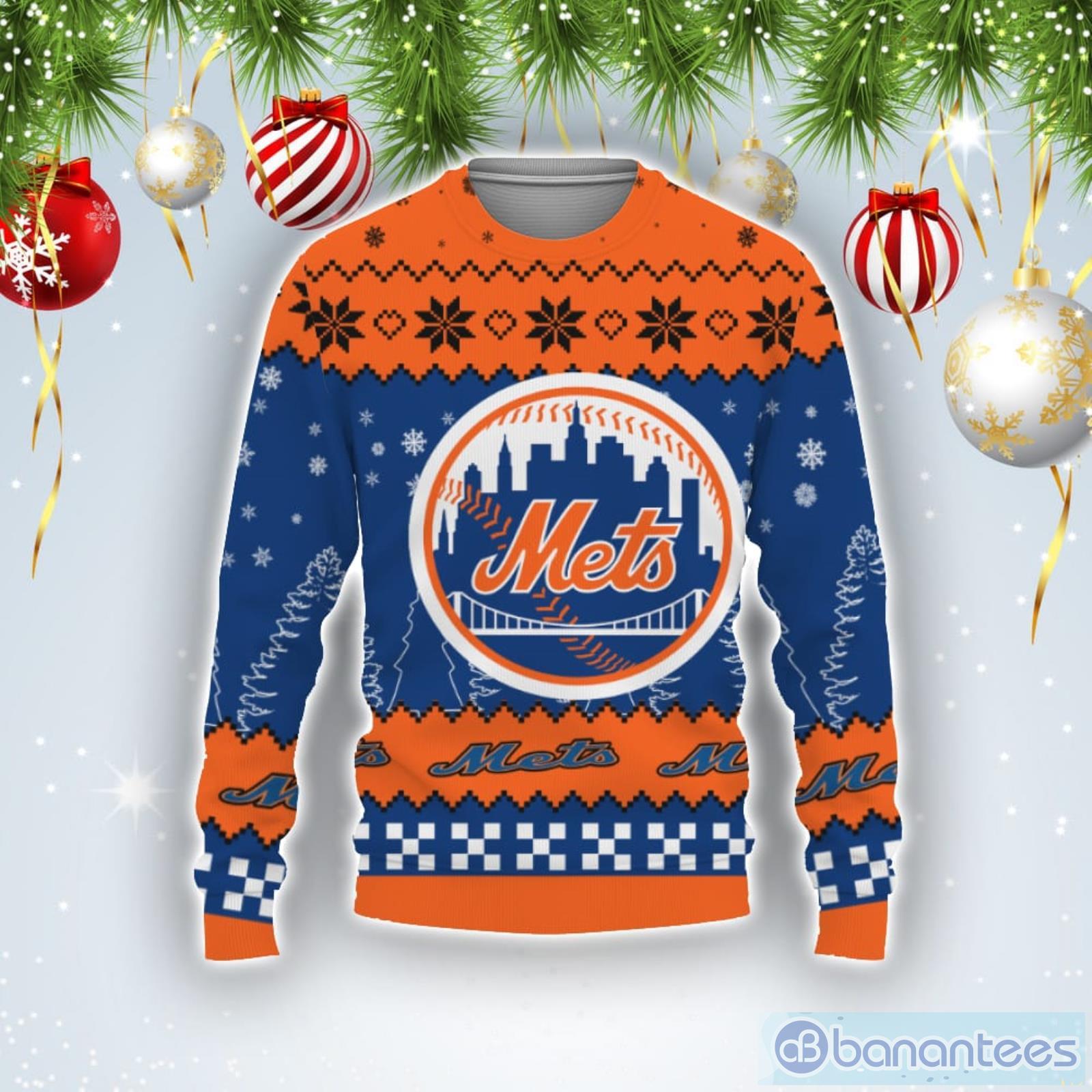 Sweater Snow Team Logo New York Mets Ugly Christmas Sweater Product Photo 1